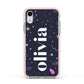 Funky Starry Night Personalised Name Apple iPhone XR Impact Case Pink Edge on Silver Phone
