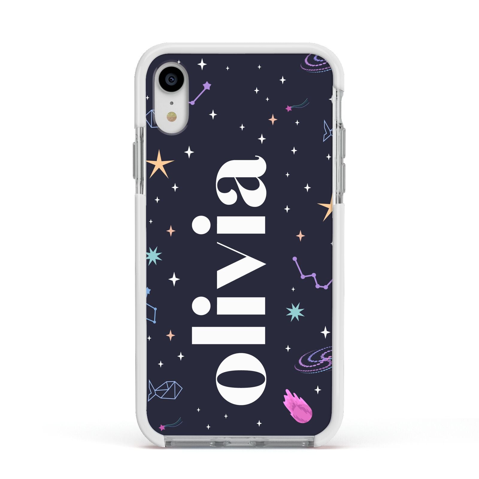 Funky Starry Night Personalised Name Apple iPhone XR Impact Case White Edge on Silver Phone