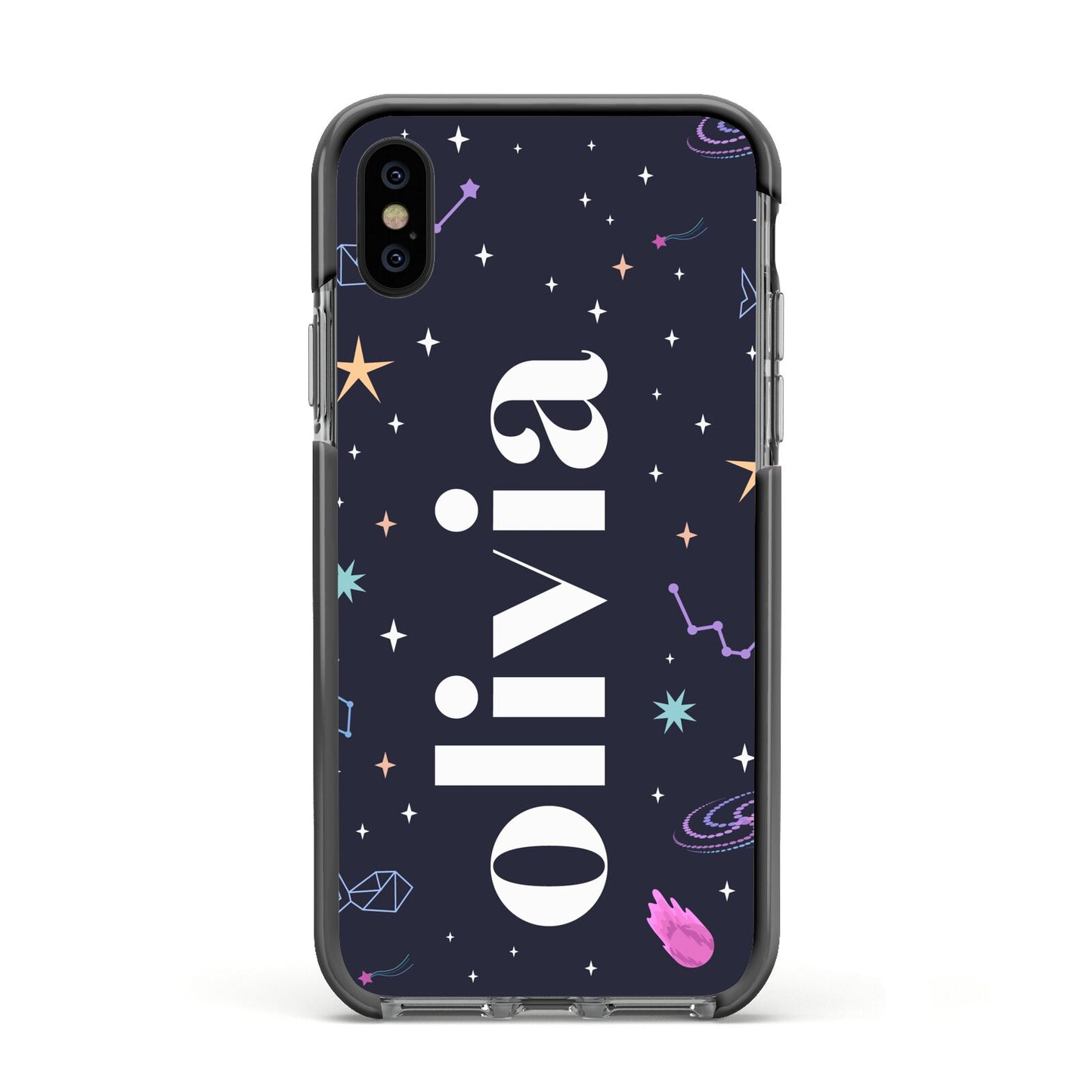 Funky Starry Night Personalised Name Apple iPhone Xs Impact Case Black Edge on Black Phone