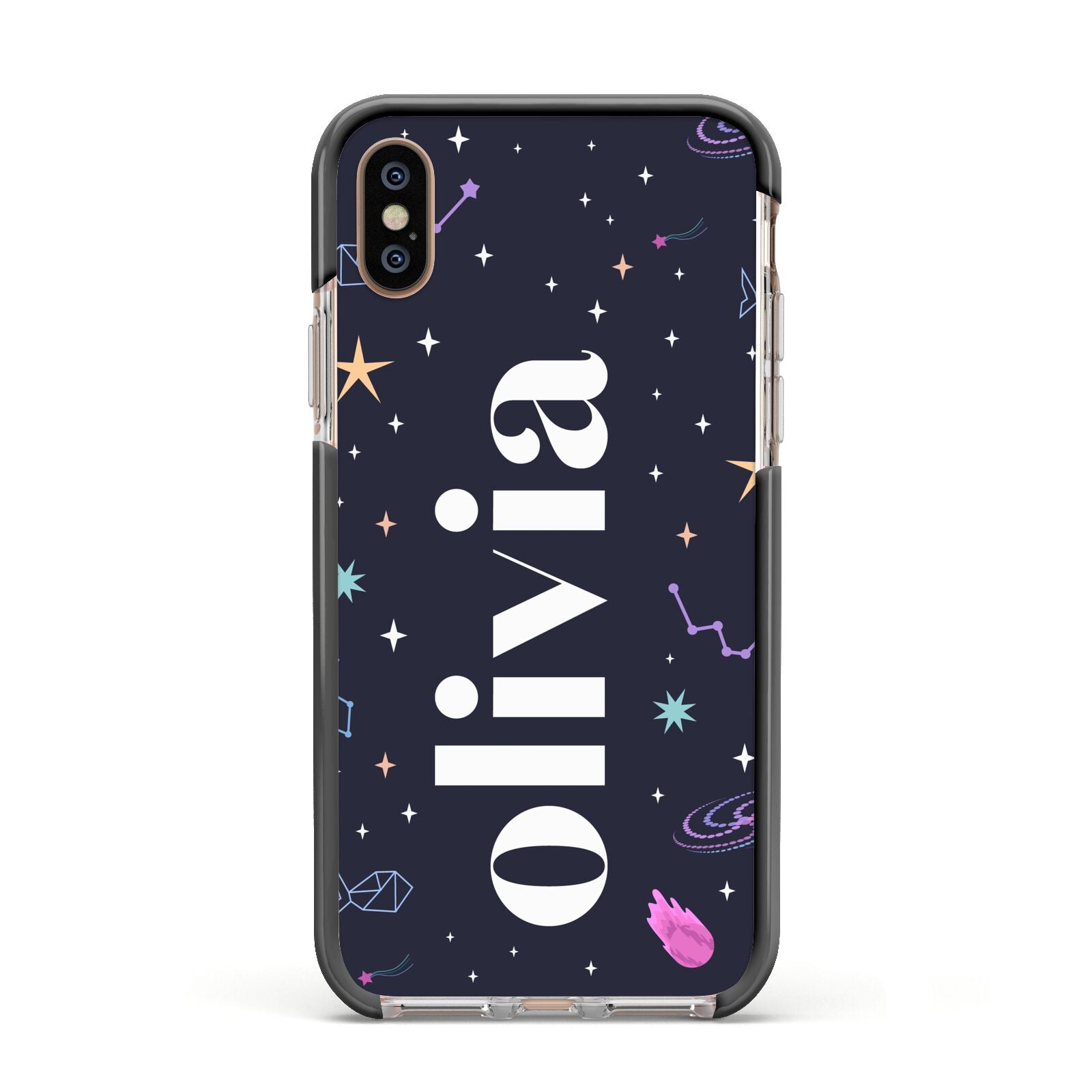 Funky Starry Night Personalised Name Apple iPhone Xs Impact Case Black Edge on Gold Phone