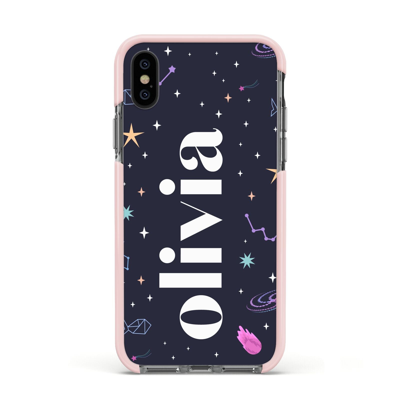 Funky Starry Night Personalised Name Apple iPhone Xs Impact Case Pink Edge on Black Phone
