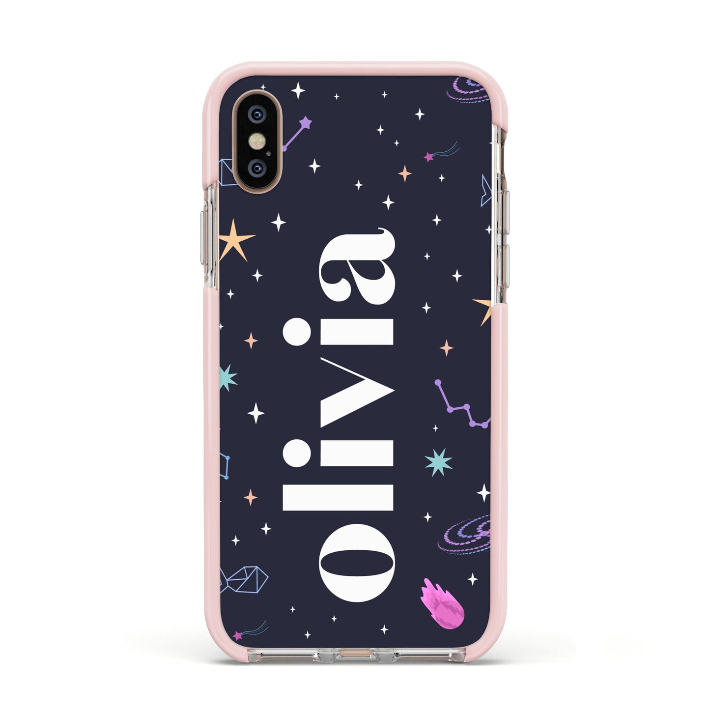 Funky Starry Night Personalised Name Apple iPhone Xs Impact Case Pink Edge on Gold Phone
