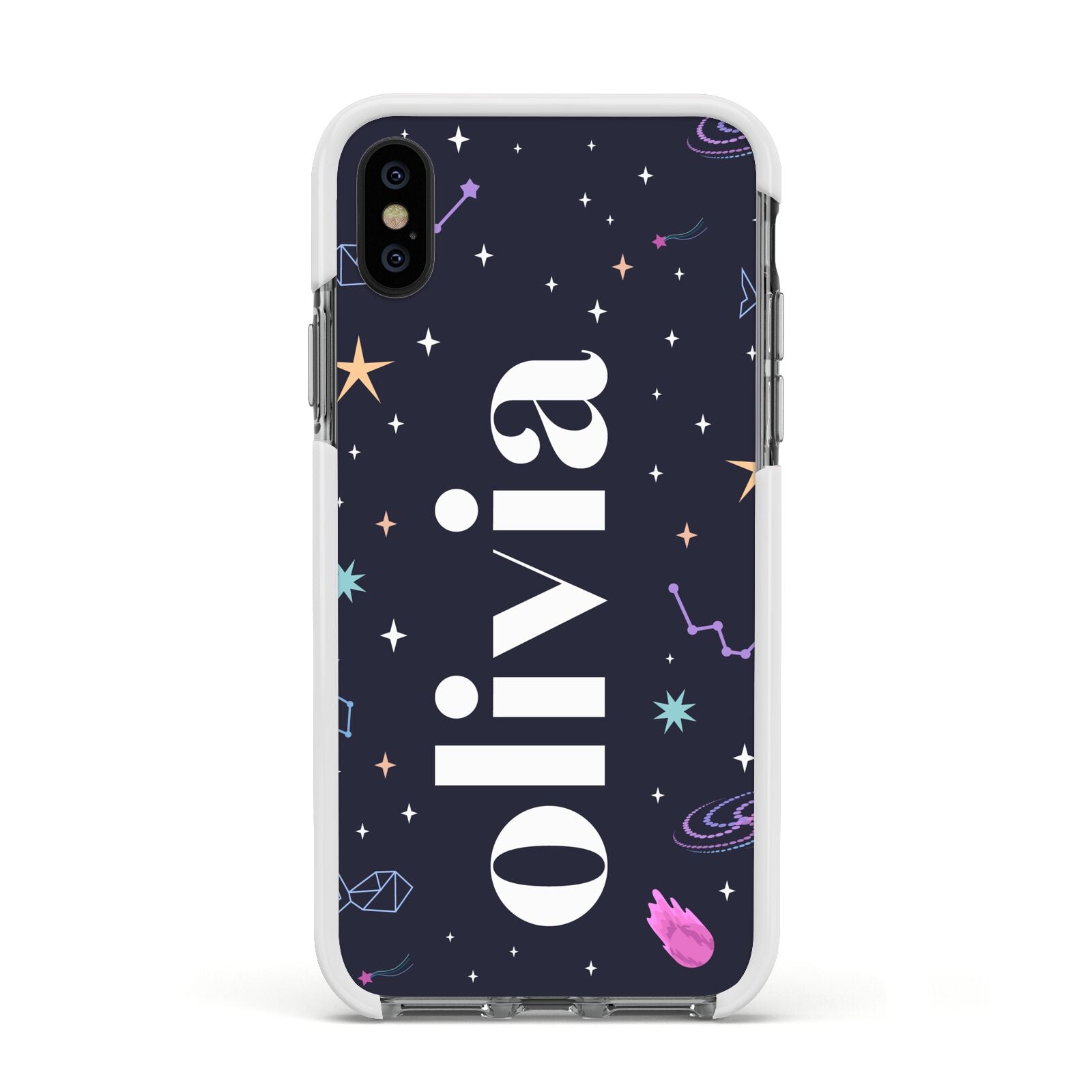 Funky Starry Night Personalised Name Apple iPhone Xs Impact Case White Edge on Black Phone