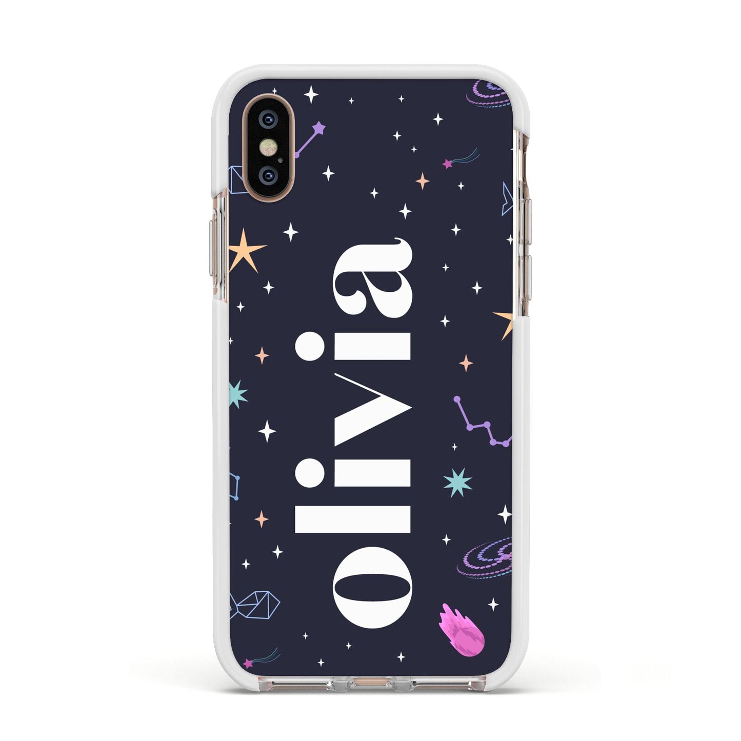 Funky Starry Night Personalised Name Apple iPhone Xs Impact Case White Edge on Gold Phone