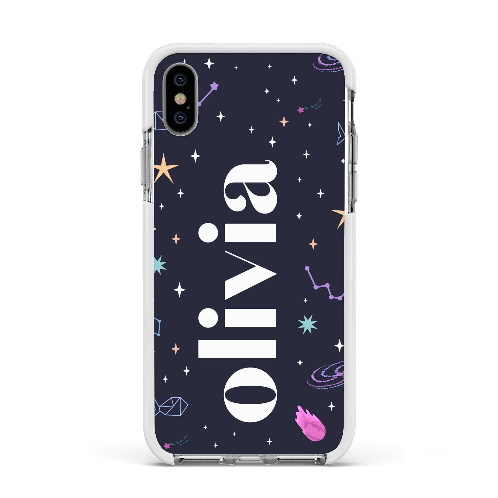 Funky Starry Night Personalised Name Apple iPhone Xs Impact Case White Edge on Silver Phone