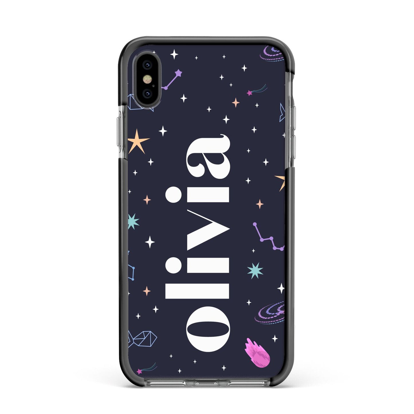 Funky Starry Night Personalised Name Apple iPhone Xs Max Impact Case Black Edge on Black Phone