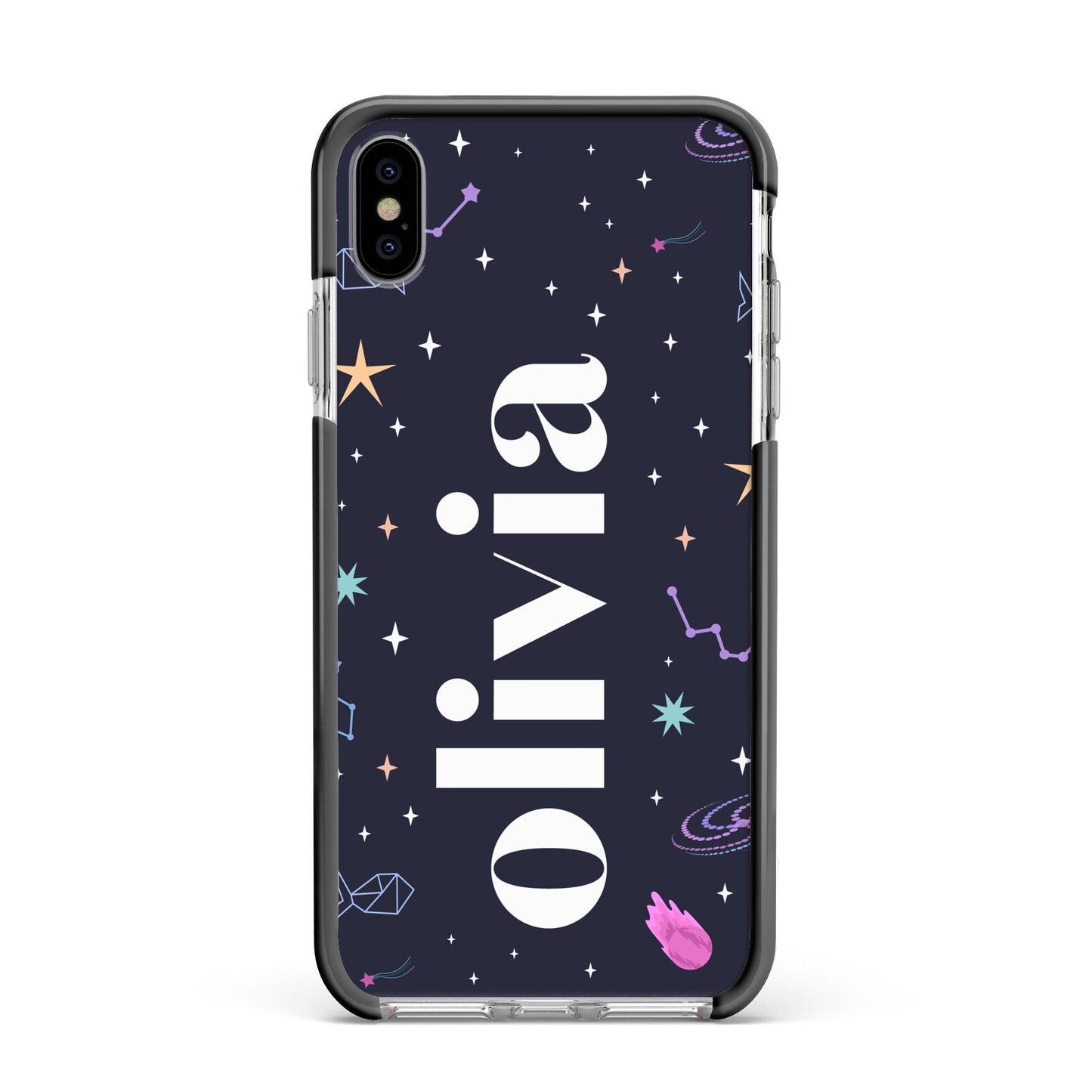 Funky Starry Night Personalised Name Apple iPhone Xs Max Impact Case Black Edge on Silver Phone