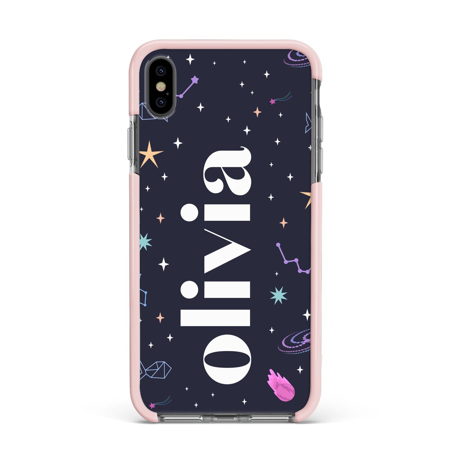 Funky Starry Night Personalised Name Apple iPhone Xs Max Impact Case Pink Edge on Black Phone