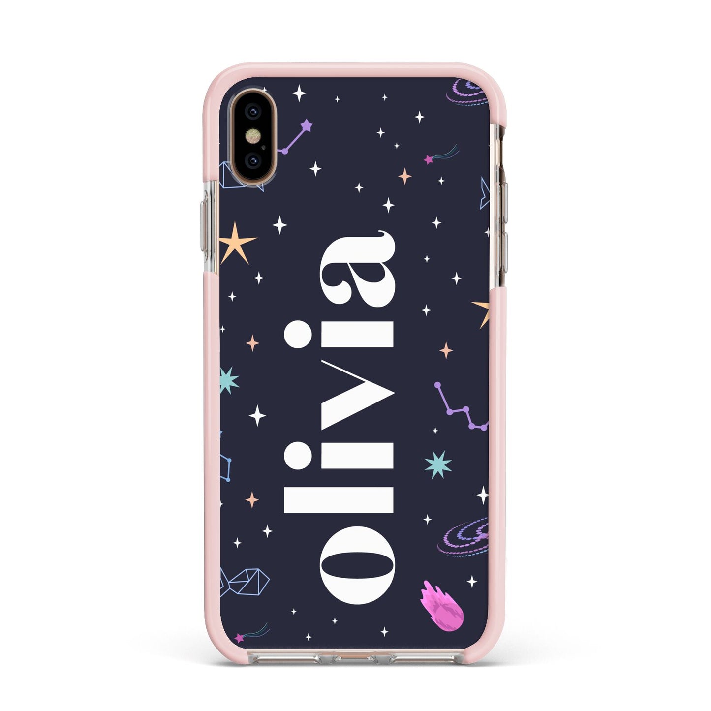 Funky Starry Night Personalised Name Apple iPhone Xs Max Impact Case Pink Edge on Gold Phone