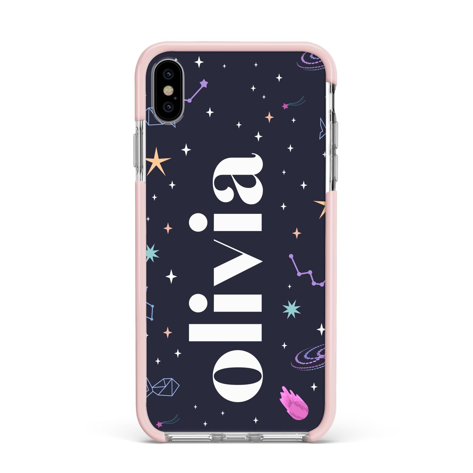 Funky Starry Night Personalised Name Apple iPhone Xs Max Impact Case Pink Edge on Silver Phone