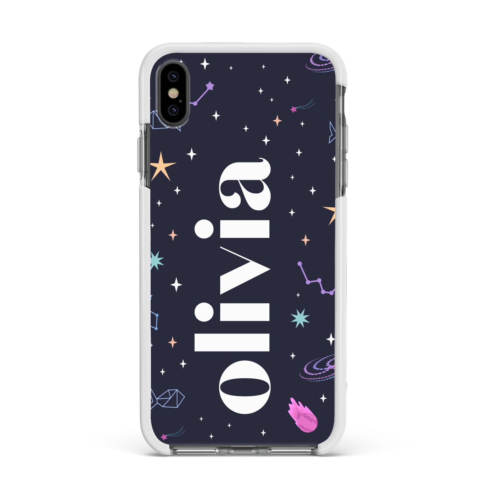 Funky Starry Night Personalised Name Apple iPhone Xs Max Impact Case White Edge on Black Phone