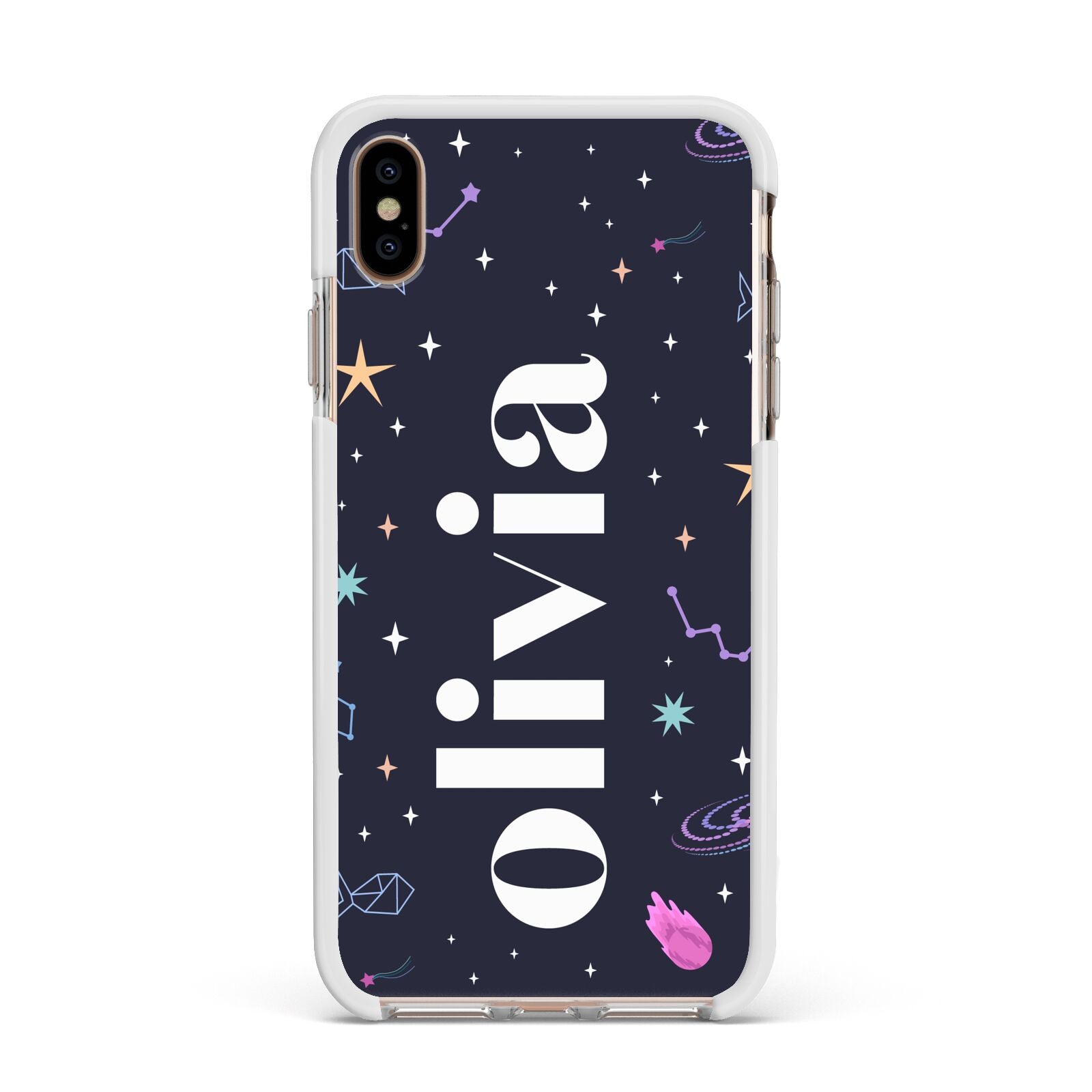 Funky Starry Night Personalised Name Apple iPhone Xs Max Impact Case White Edge on Gold Phone
