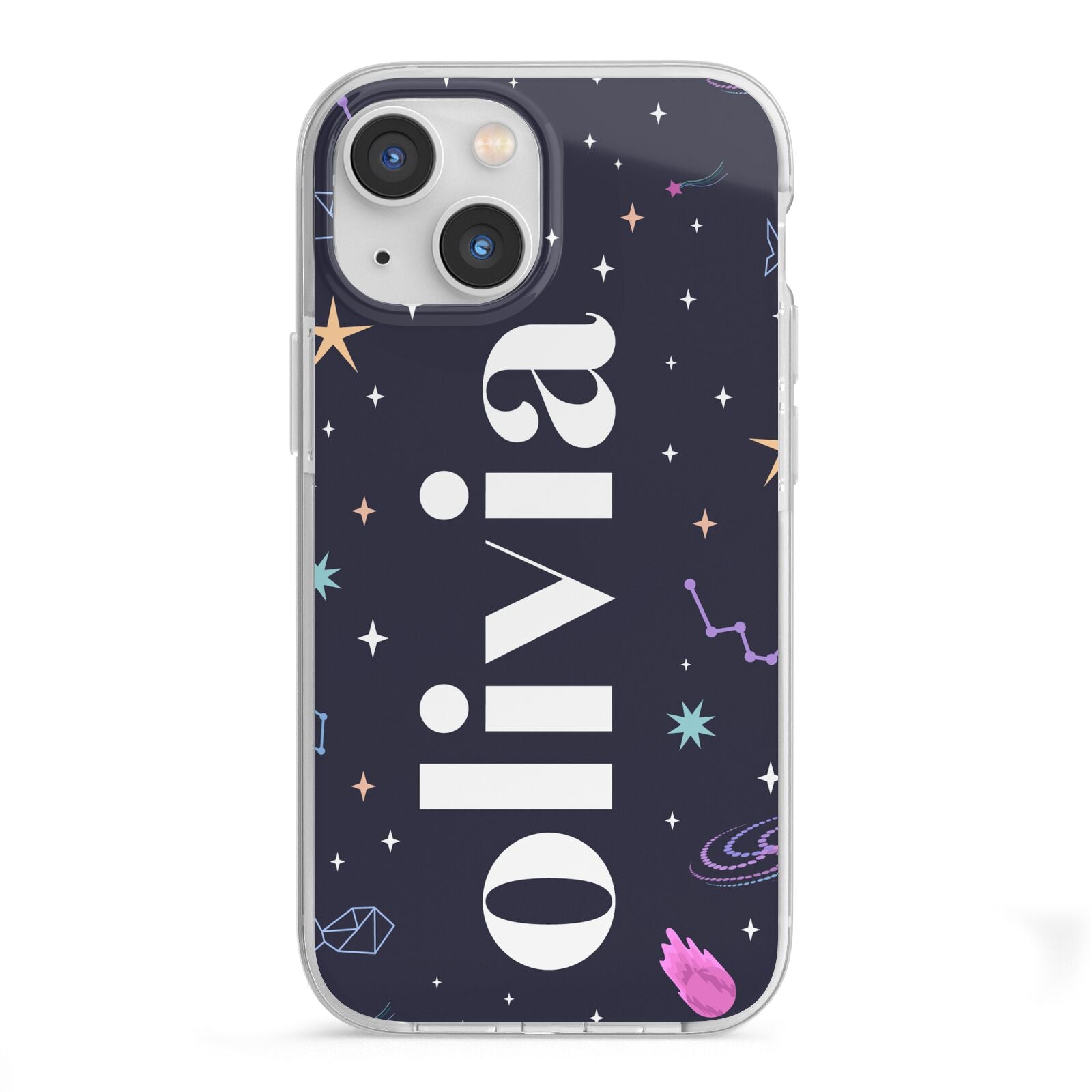 Funky Starry Night Personalised Name iPhone 13 Mini TPU Impact Case with White Edges
