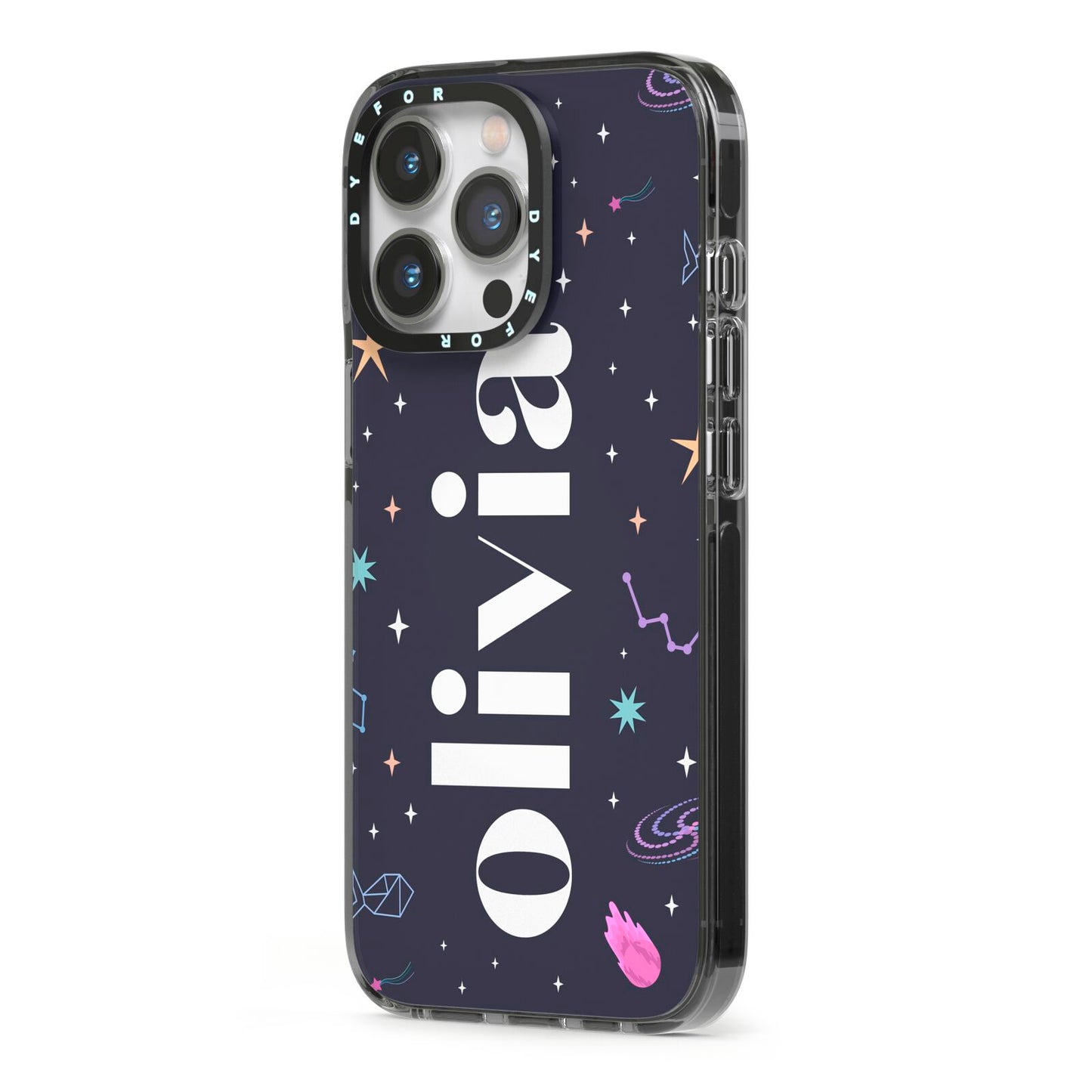 Funky Starry Night Personalised Name iPhone 13 Pro Black Impact Case Side Angle on Silver phone