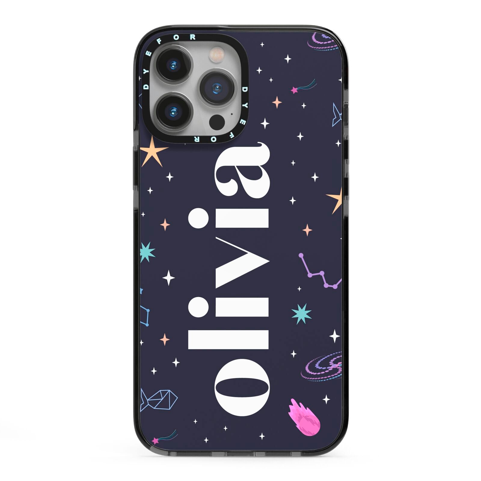 Funky Starry Night Personalised Name iPhone 13 Pro Max Black Impact Case on Silver phone