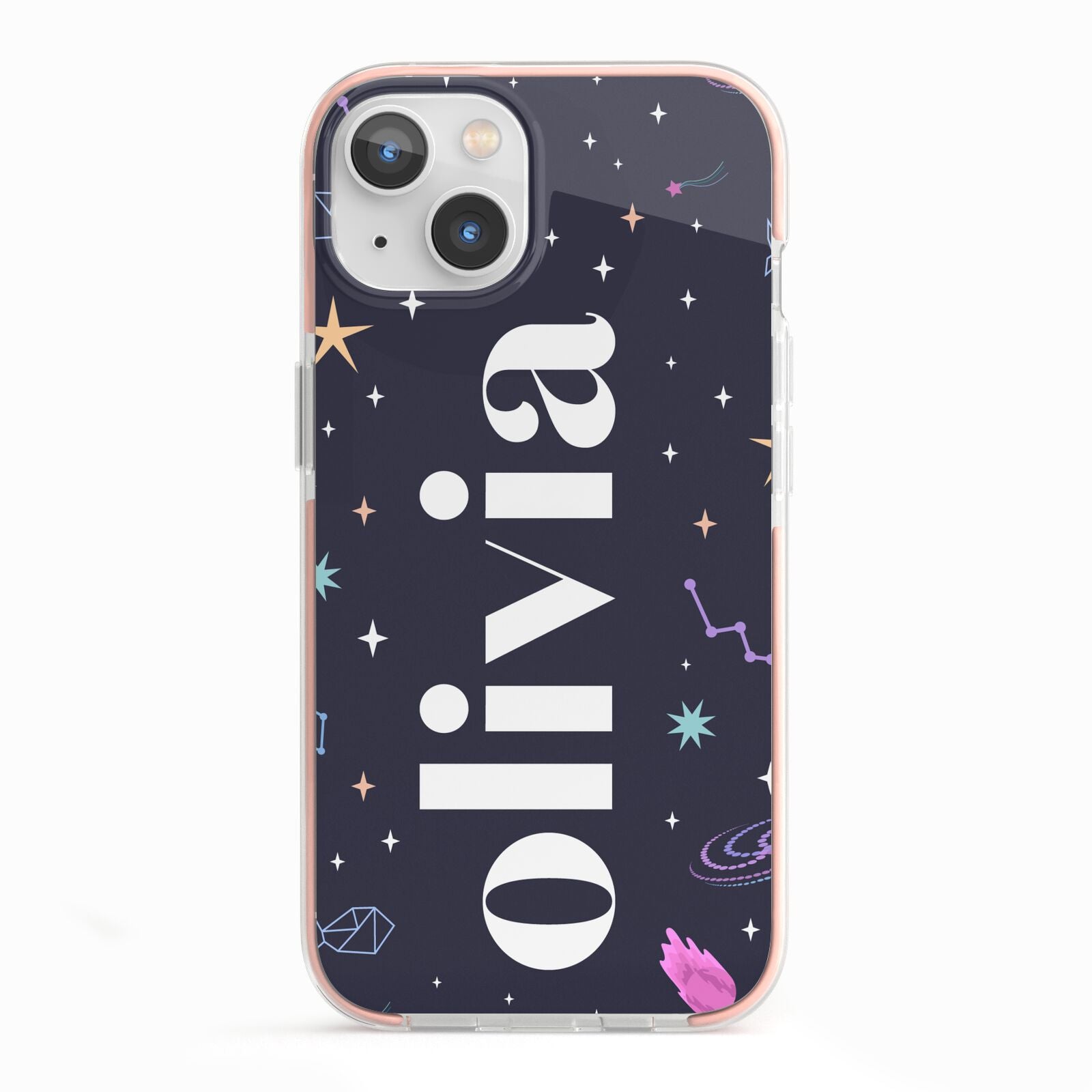 Funky Starry Night Personalised Name iPhone 13 TPU Impact Case with Pink Edges