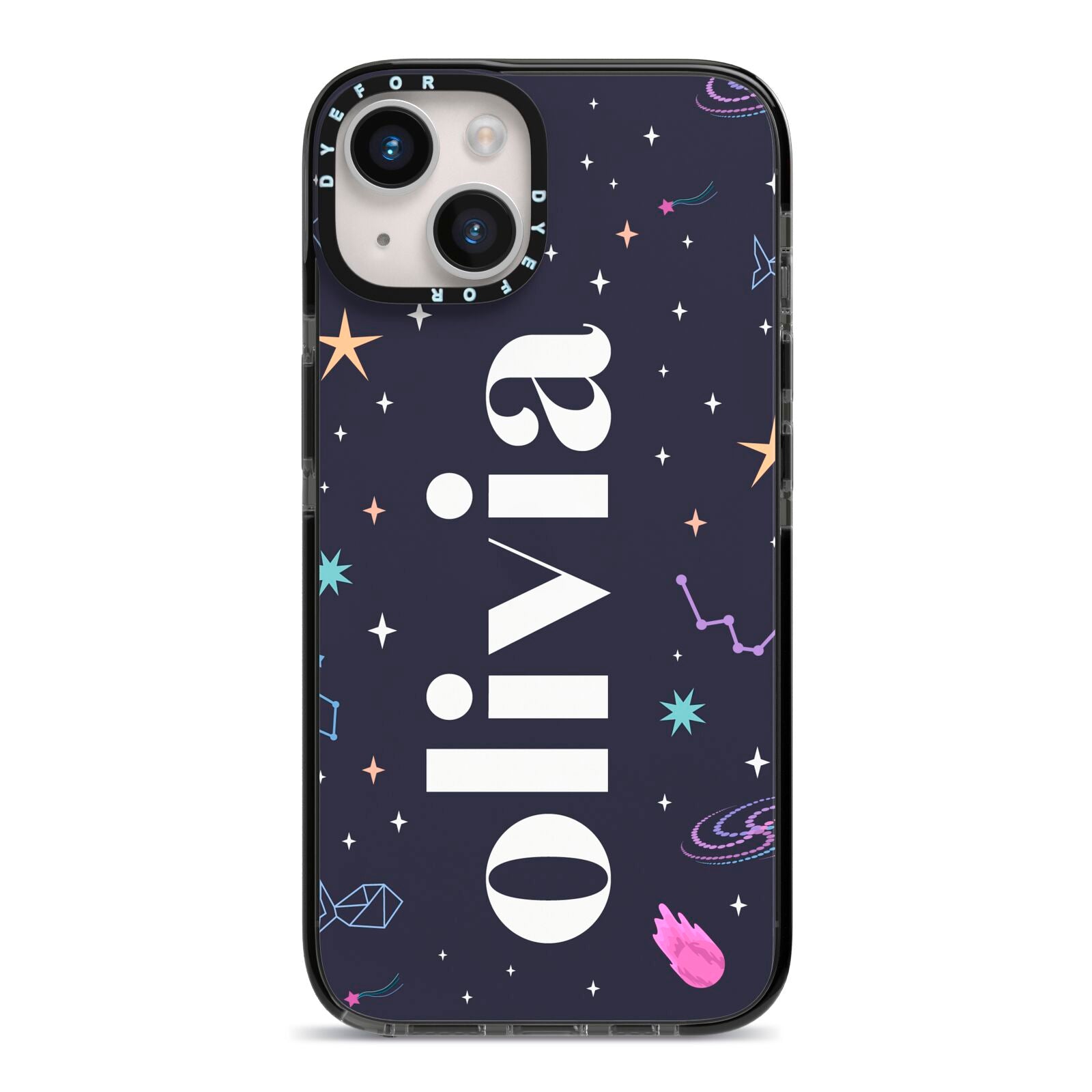 Funky Starry Night Personalised Name iPhone 14 Black Impact Case on Silver phone