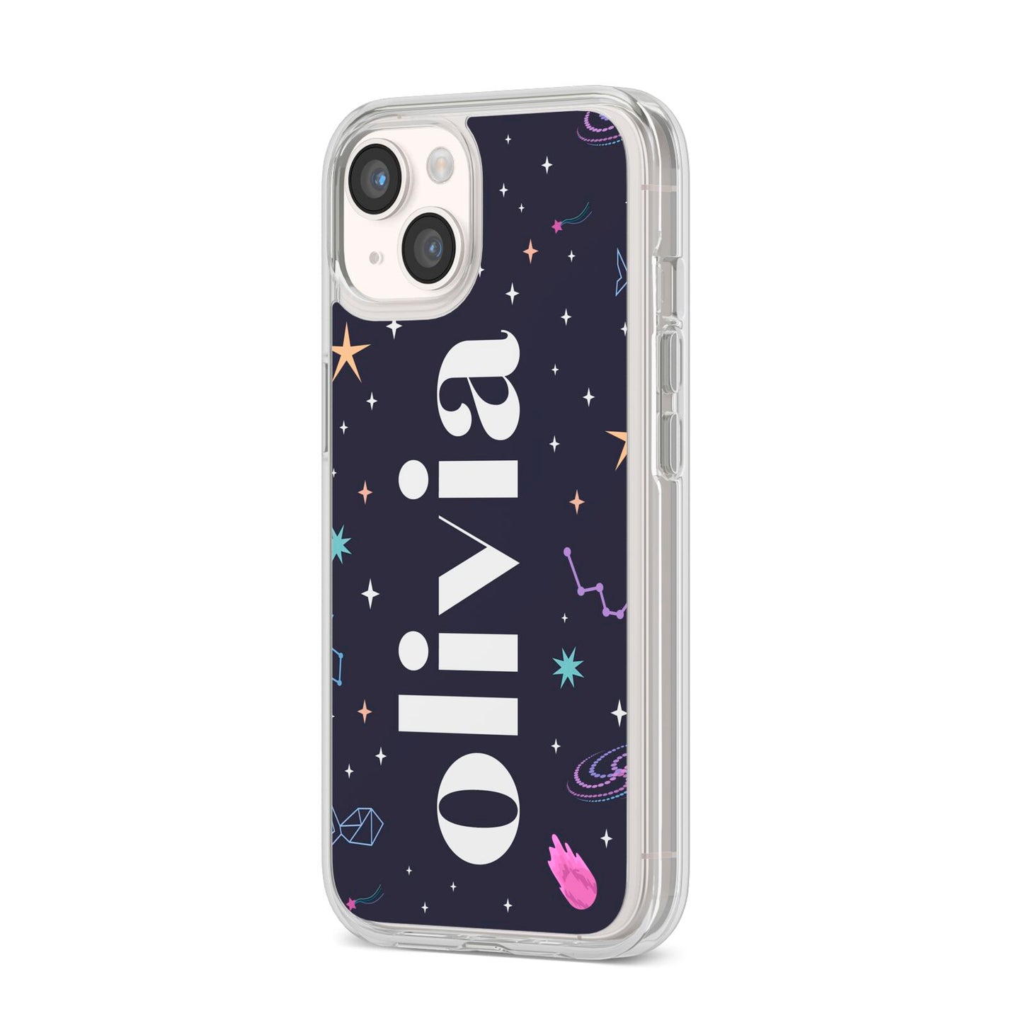 Funky Starry Night Personalised Name iPhone 14 Clear Tough Case Starlight Angled Image