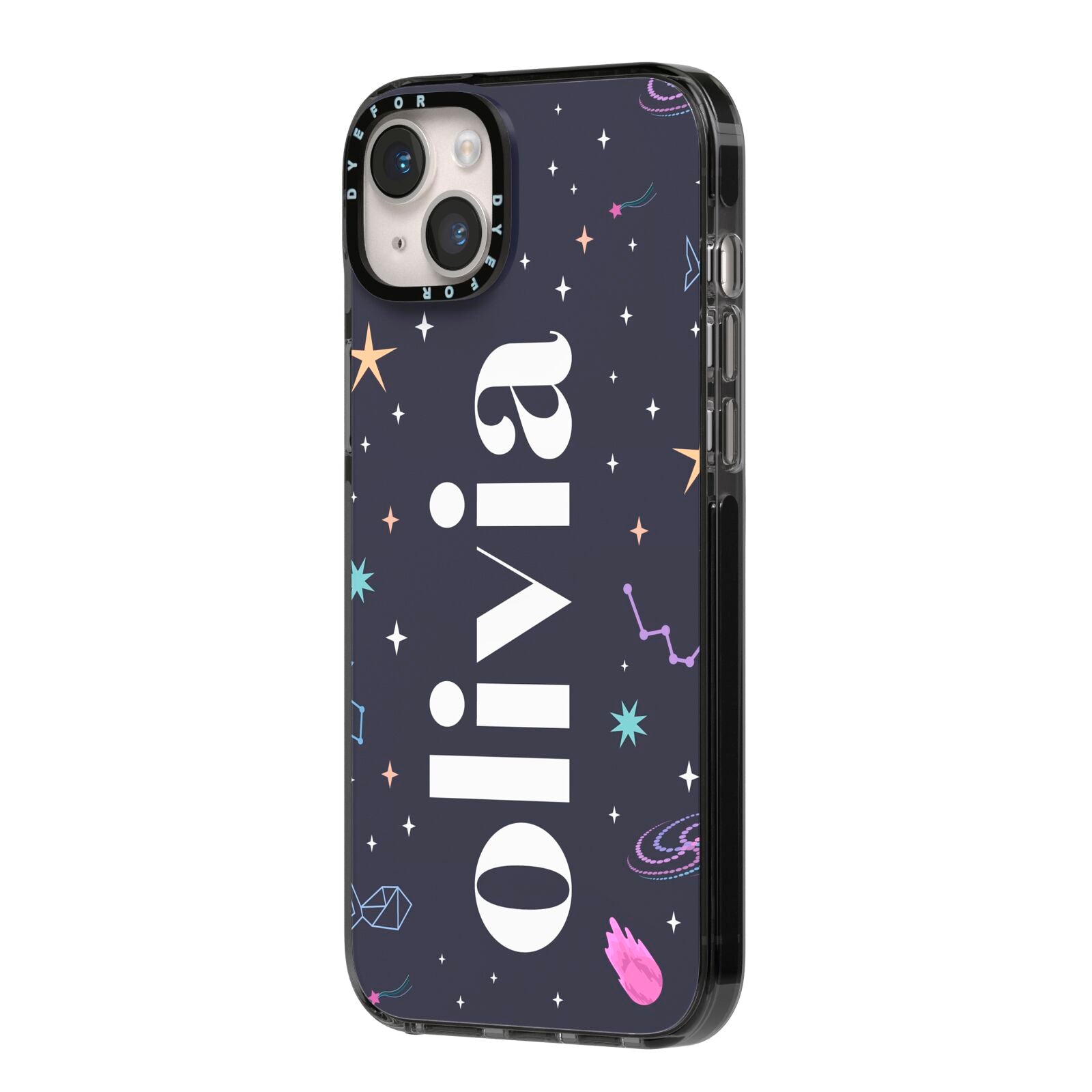Funky Starry Night Personalised Name iPhone 14 Plus Black Impact Case Side Angle on Silver phone