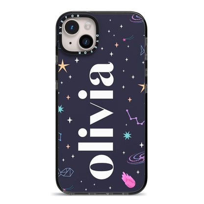 Funky Starry Night Personalised Name iPhone 14 Plus Black Impact Case on Silver phone