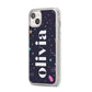 Funky Starry Night Personalised Name iPhone 14 Plus Clear Tough Case Starlight Angled Image