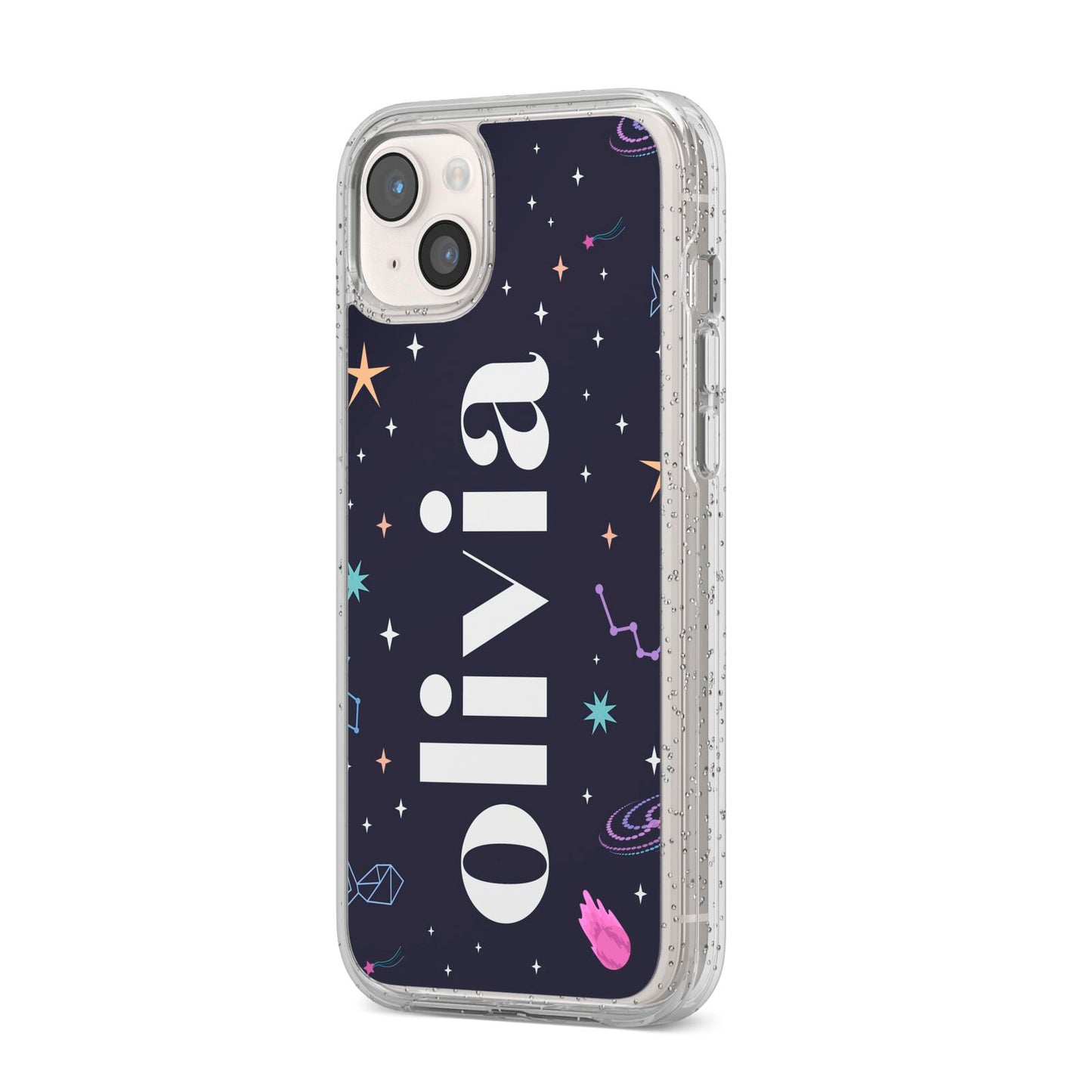 Funky Starry Night Personalised Name iPhone 14 Plus Glitter Tough Case Starlight Angled Image