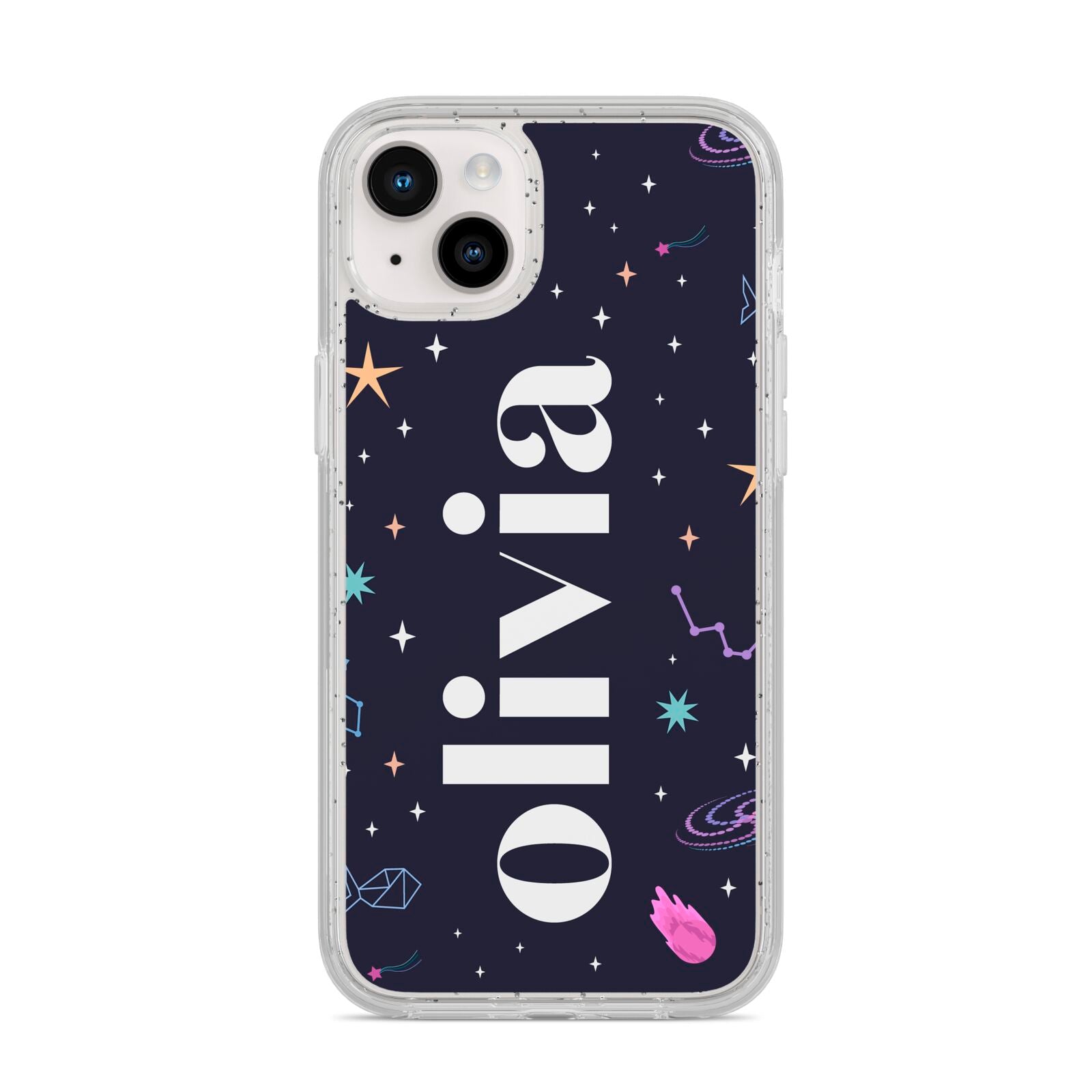 Funky Starry Night Personalised Name iPhone 14 Plus Glitter Tough Case Starlight