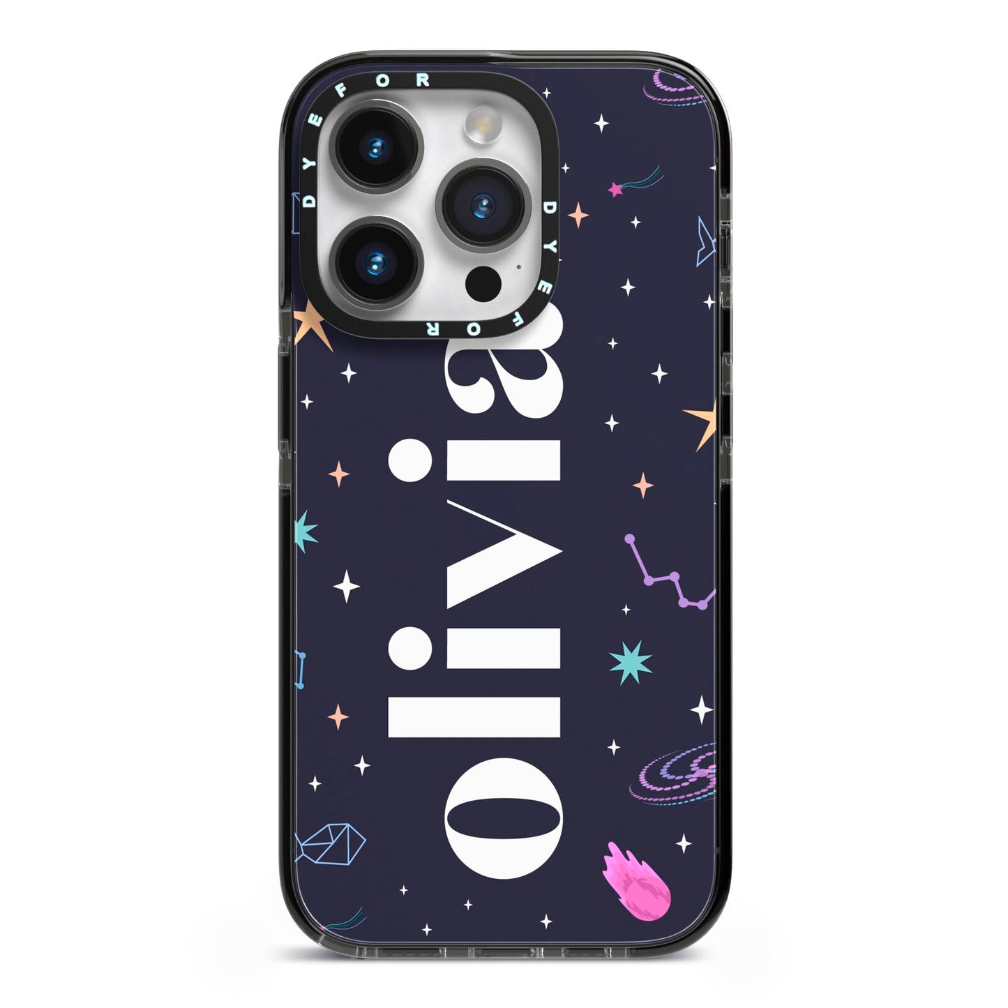 Funky Starry Night Personalised Name iPhone 14 Pro Black Impact Case on Silver phone
