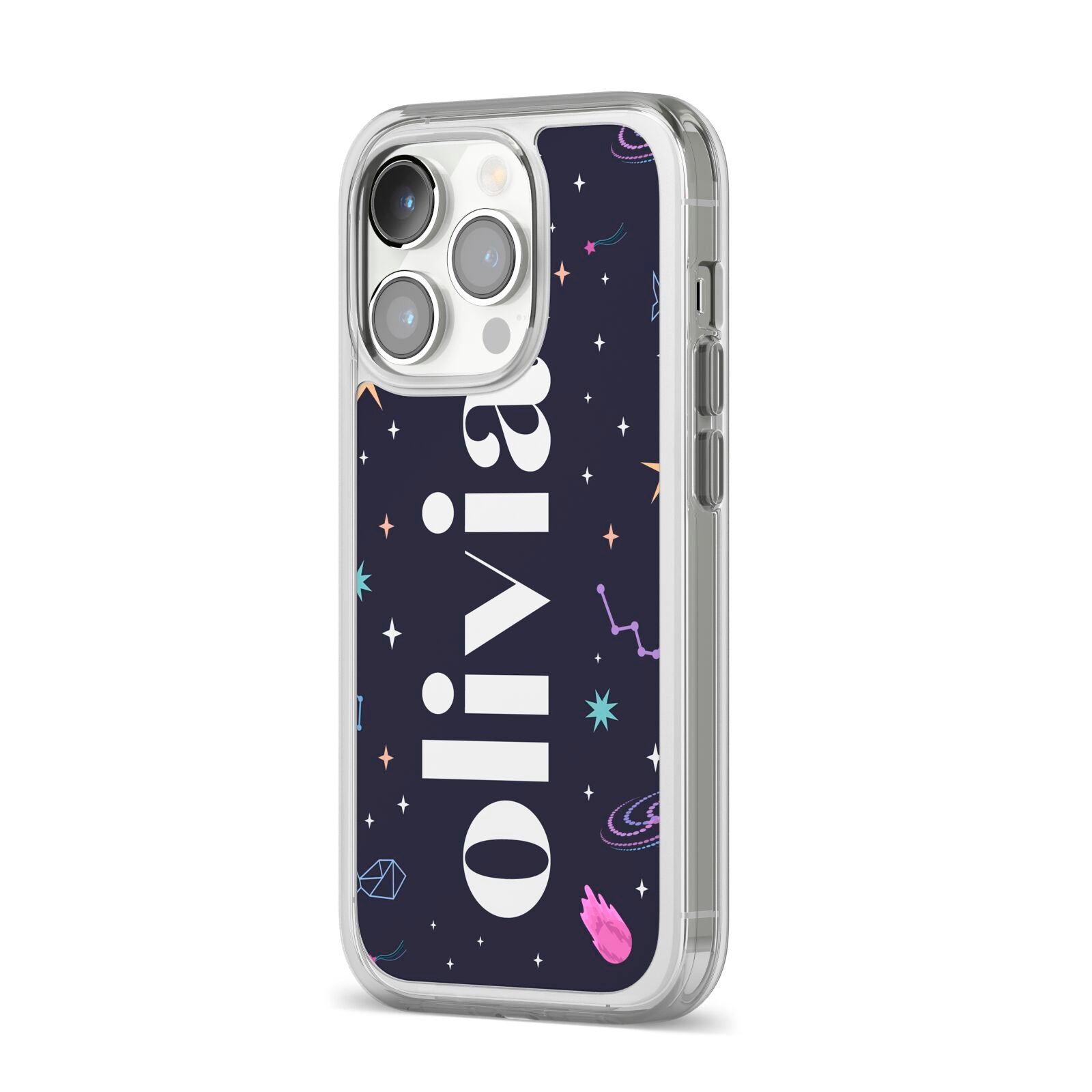 Funky Starry Night Personalised Name iPhone 14 Pro Clear Tough Case Silver Angled Image