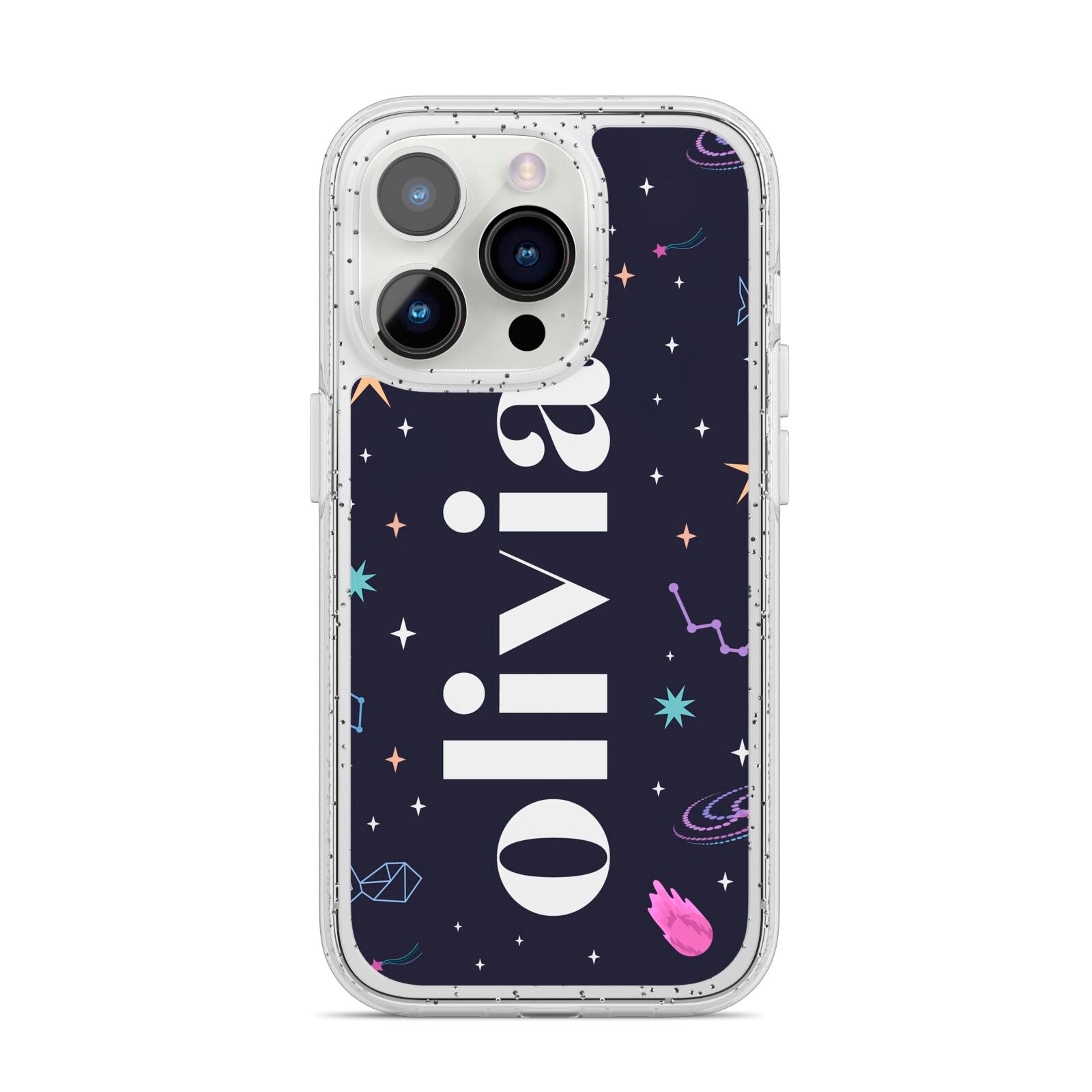 Funky Starry Night Personalised Name iPhone 14 Pro Glitter Tough Case Silver