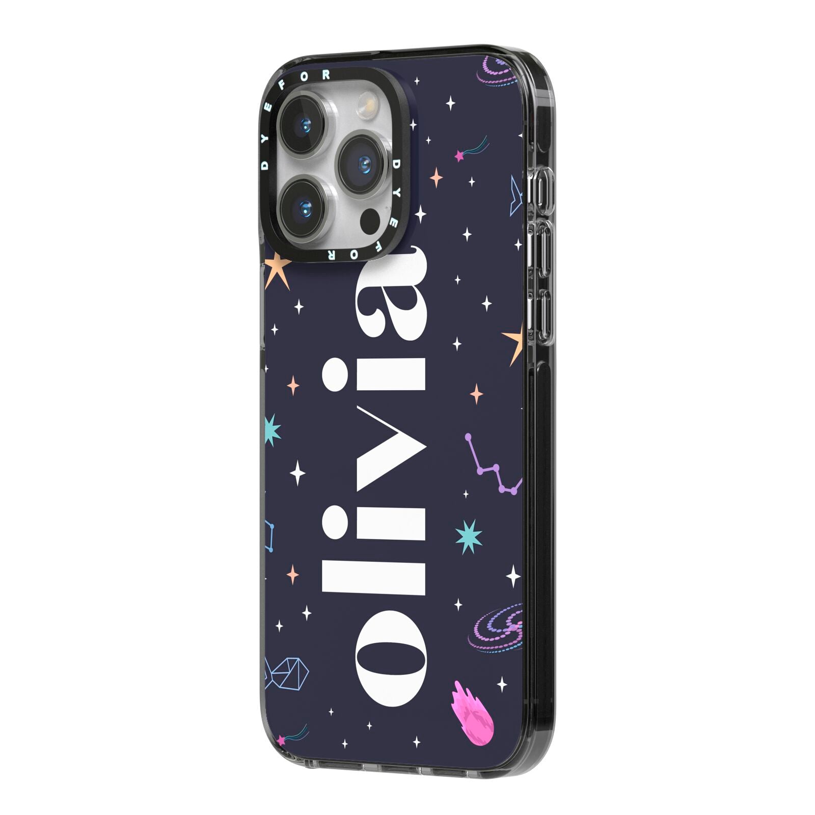Funky Starry Night Personalised Name iPhone 14 Pro Max Black Impact Case Side Angle on Silver phone
