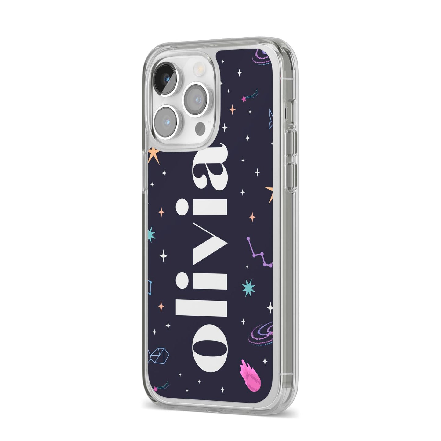 Funky Starry Night Personalised Name iPhone 14 Pro Max Clear Tough Case Silver Angled Image