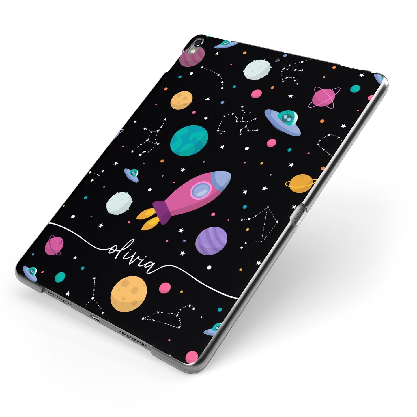 Galaxy Artwork with Name Apple iPad Case on Grey iPad Side View