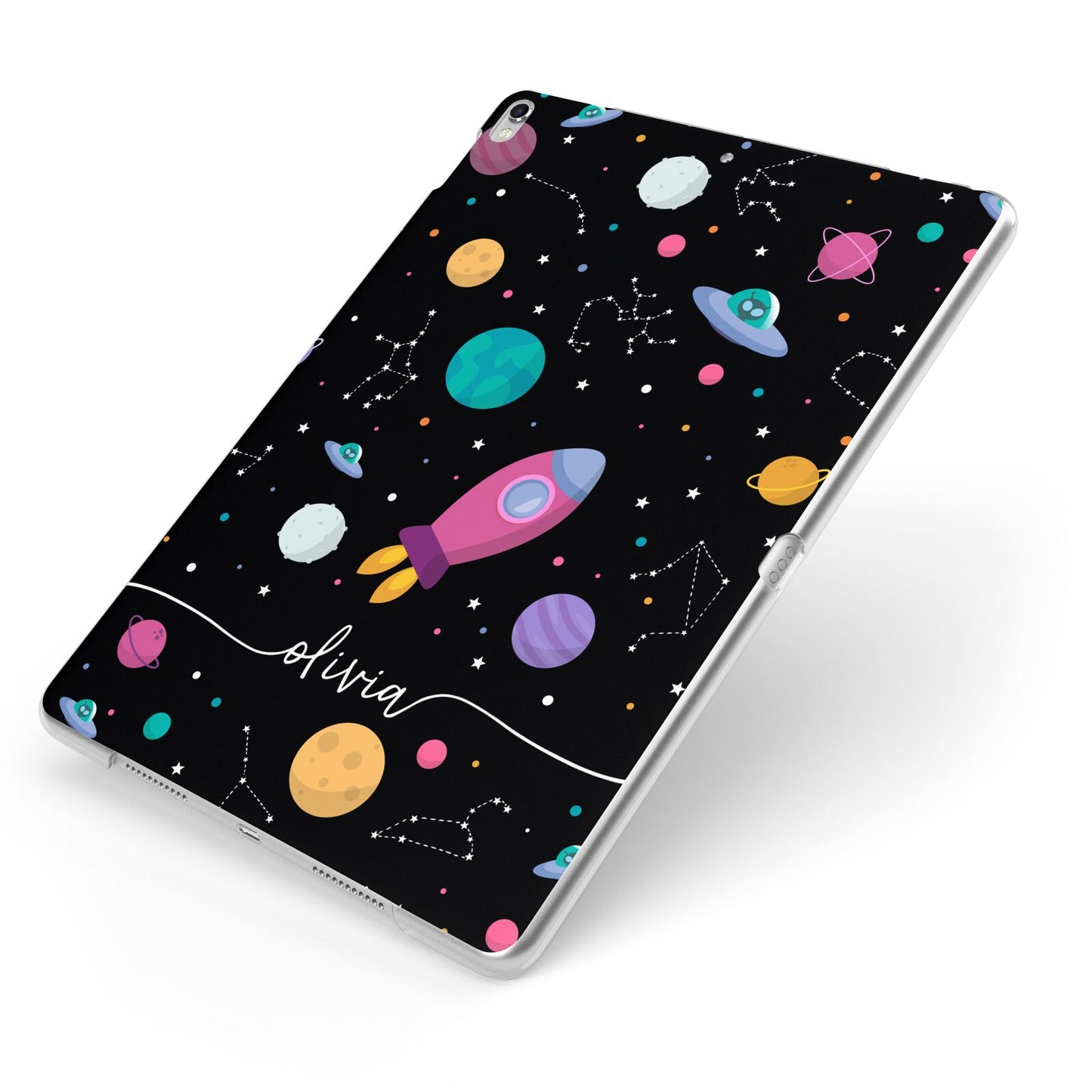 Galaxy Artwork with Name Apple iPad Case on Silver iPad Side View