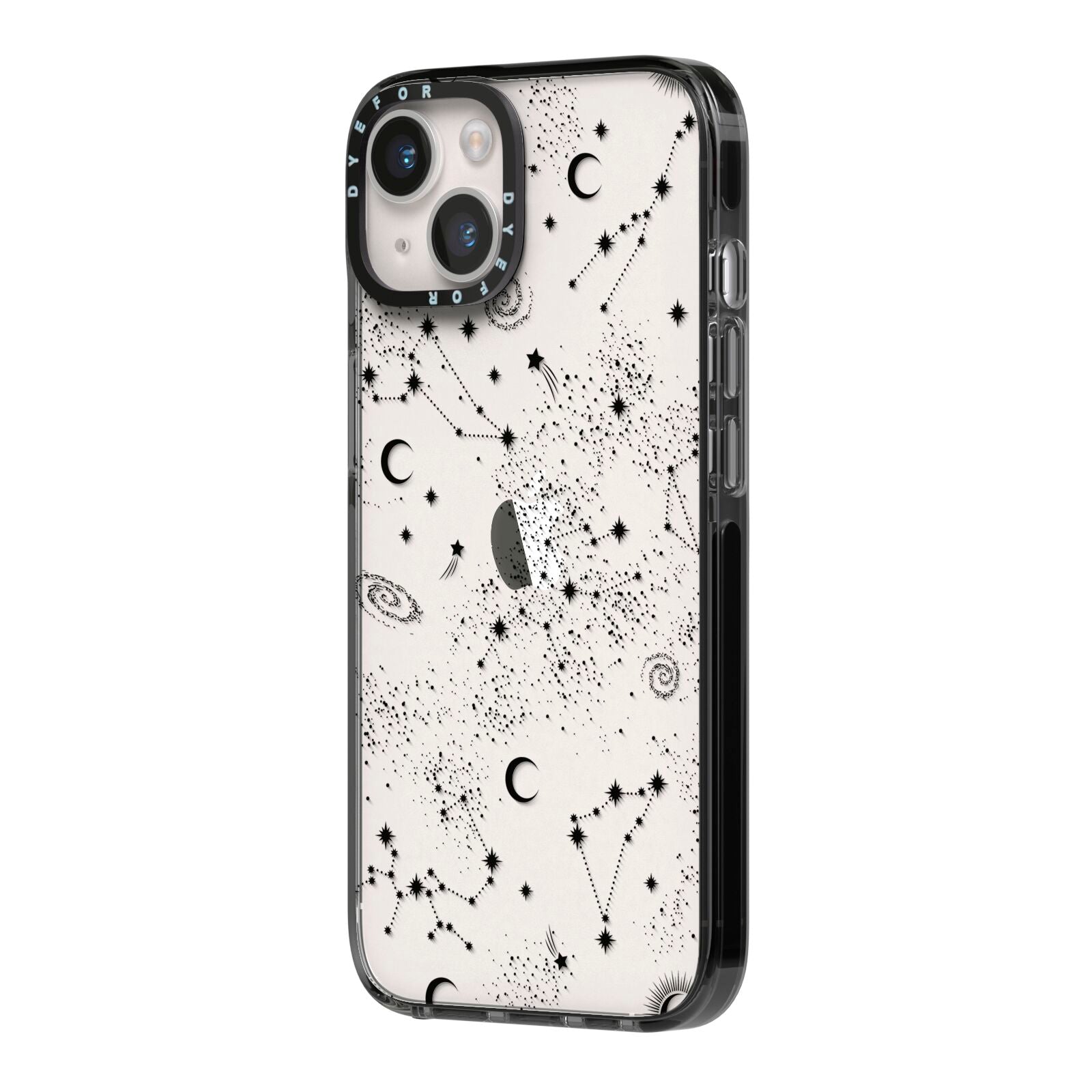 Galaxy Constellation iPhone 14 Black Impact Case Side Angle on Silver phone