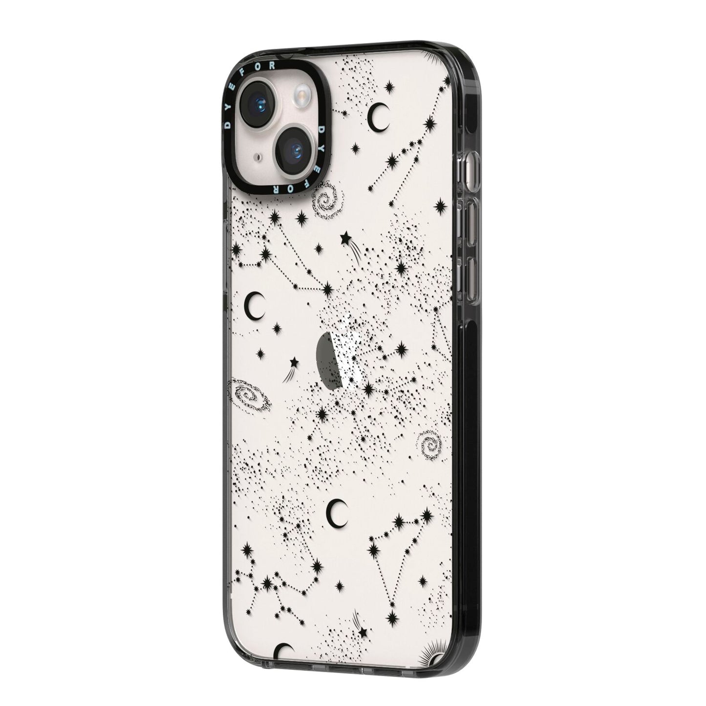 Galaxy Constellation iPhone 14 Plus Black Impact Case Side Angle on Silver phone