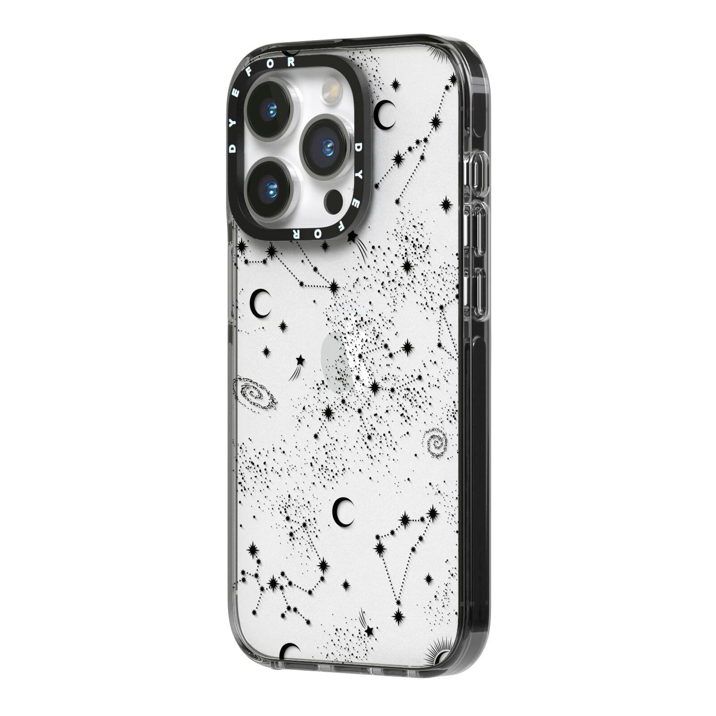 Galaxy Constellation iPhone 14 Pro Black Impact Case Side Angle on Silver phone