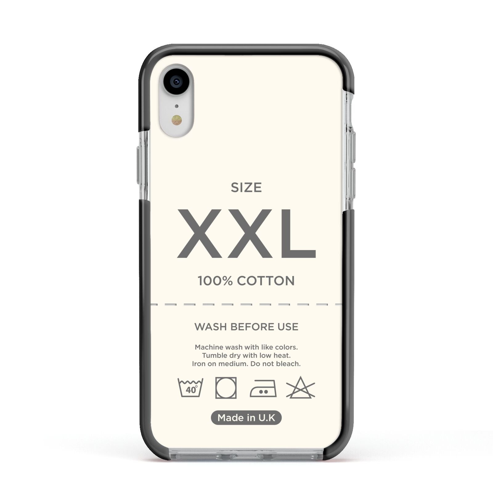 Garment Label Apple iPhone XR Impact Case Black Edge on Silver Phone