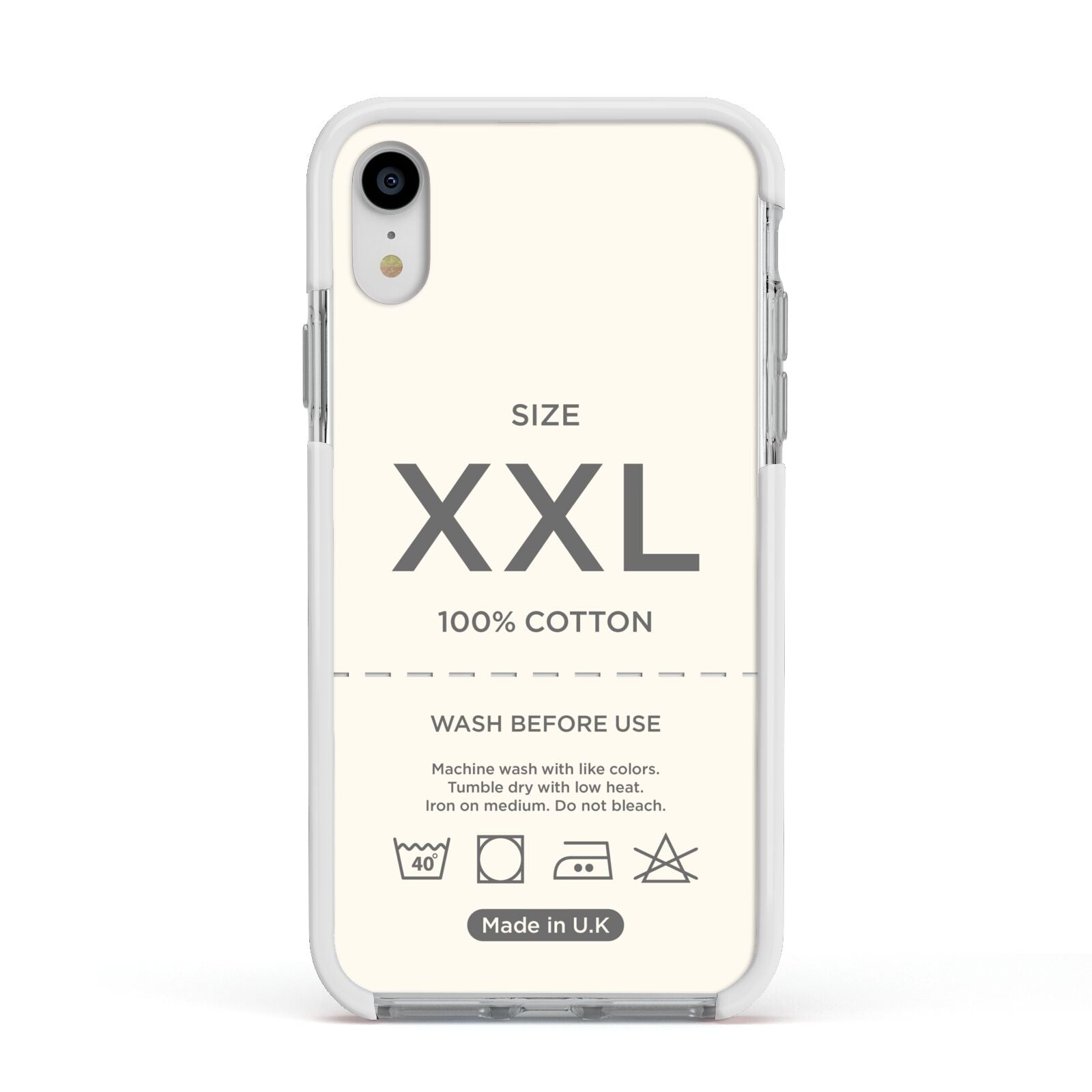 Garment Label Apple iPhone XR Impact Case White Edge on Silver Phone