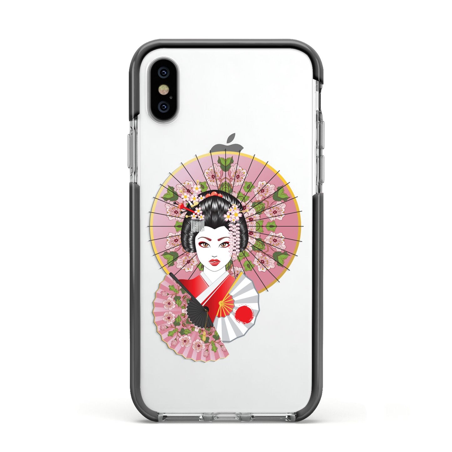 Geisha Girl Apple iPhone Xs Impact Case Black Edge on Silver Phone