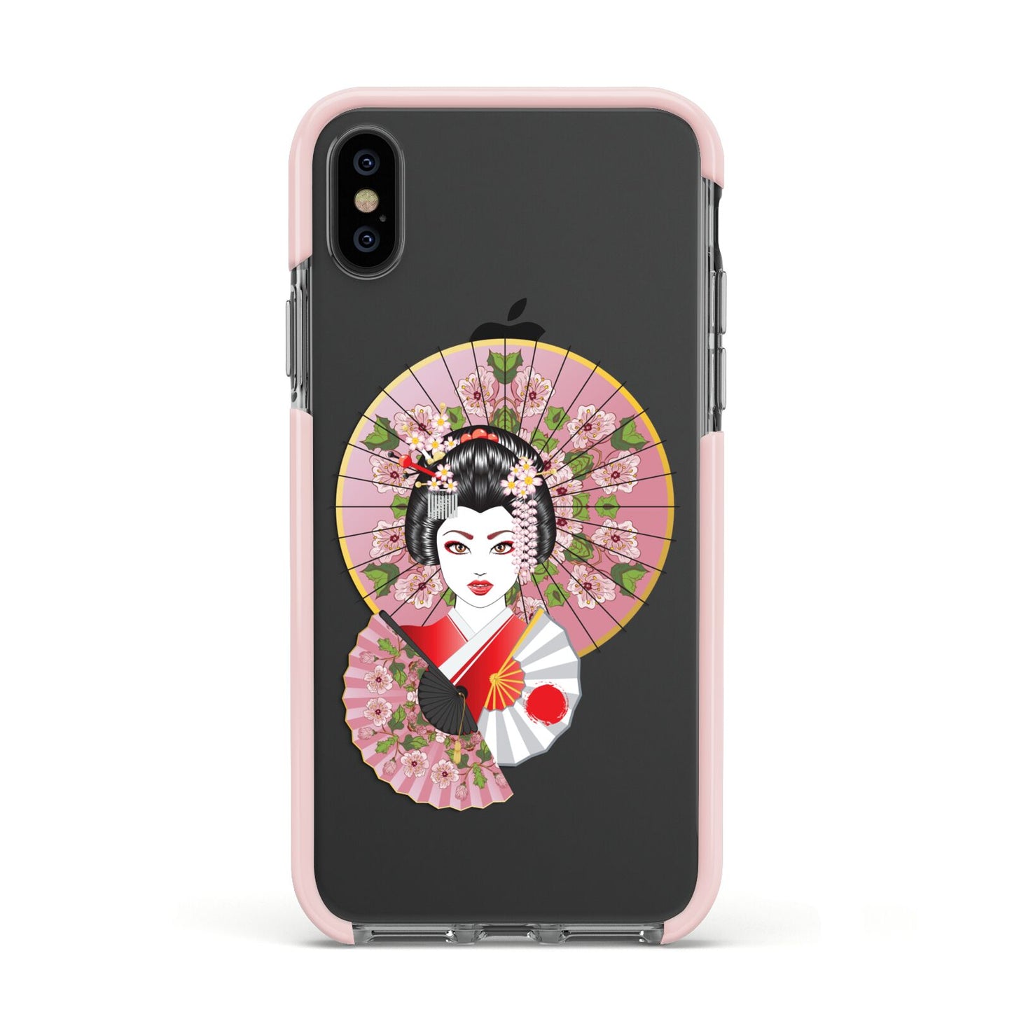 Geisha Girl Apple iPhone Xs Impact Case Pink Edge on Black Phone