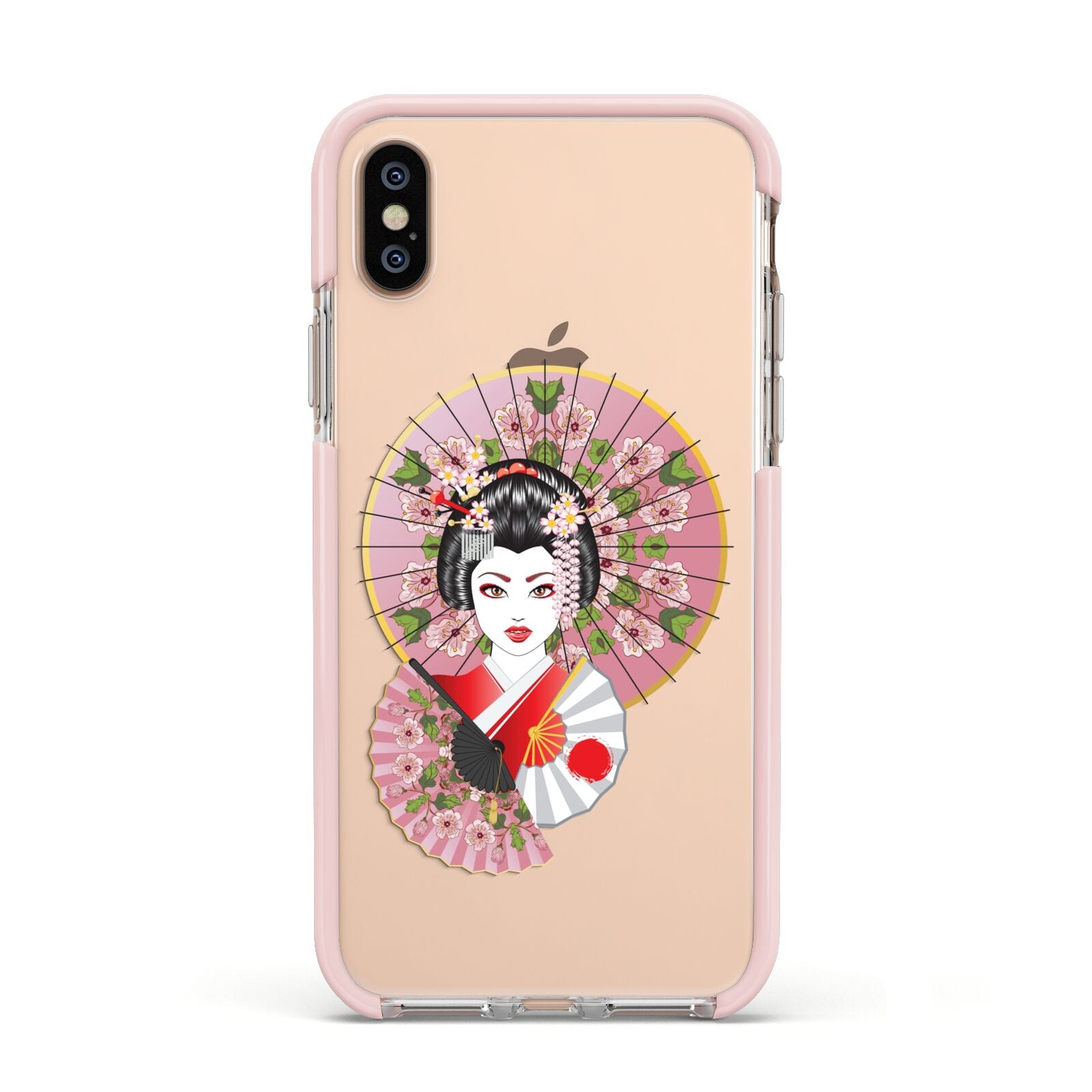 Geisha Girl Apple iPhone Xs Impact Case Pink Edge on Gold Phone