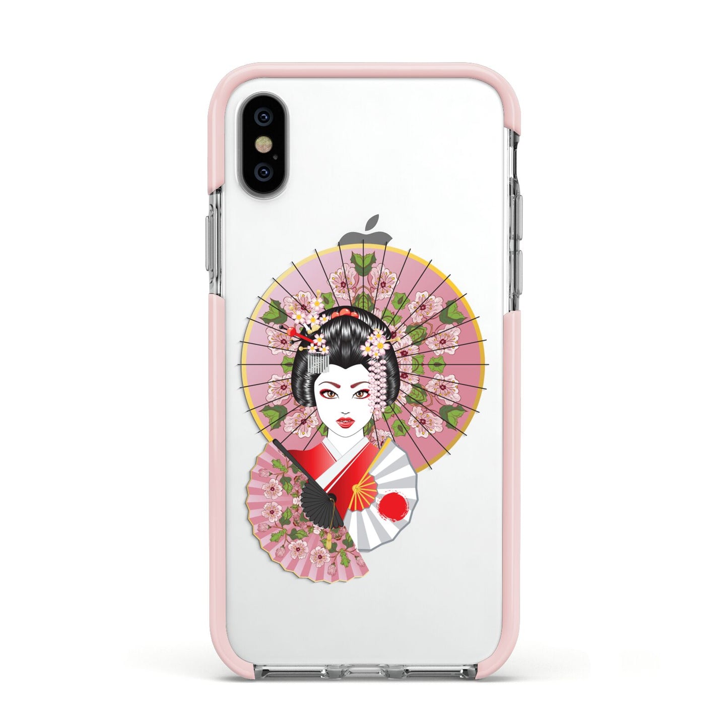 Geisha Girl Apple iPhone Xs Impact Case Pink Edge on Silver Phone