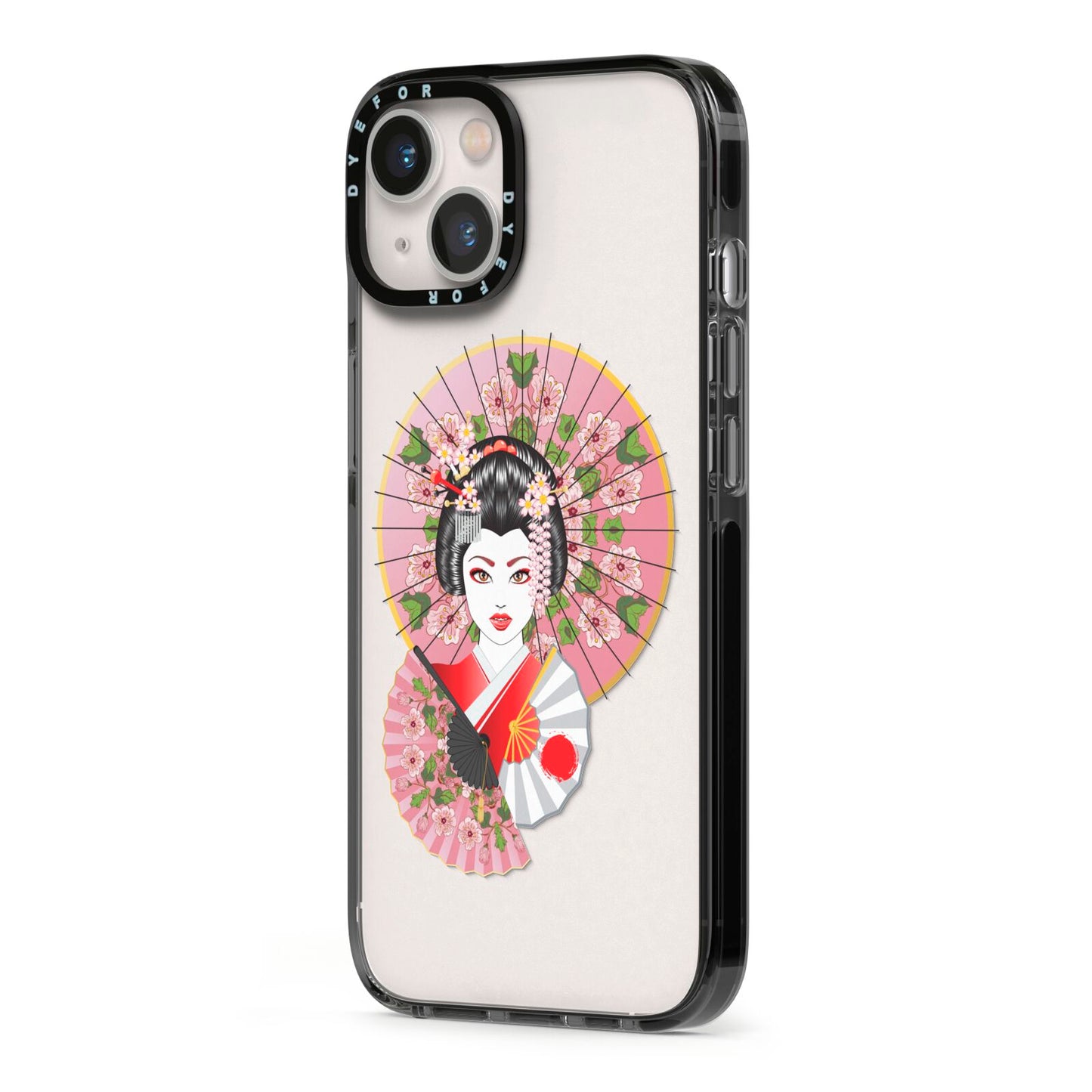 Geisha Girl iPhone 13 Black Impact Case Side Angle on Silver phone