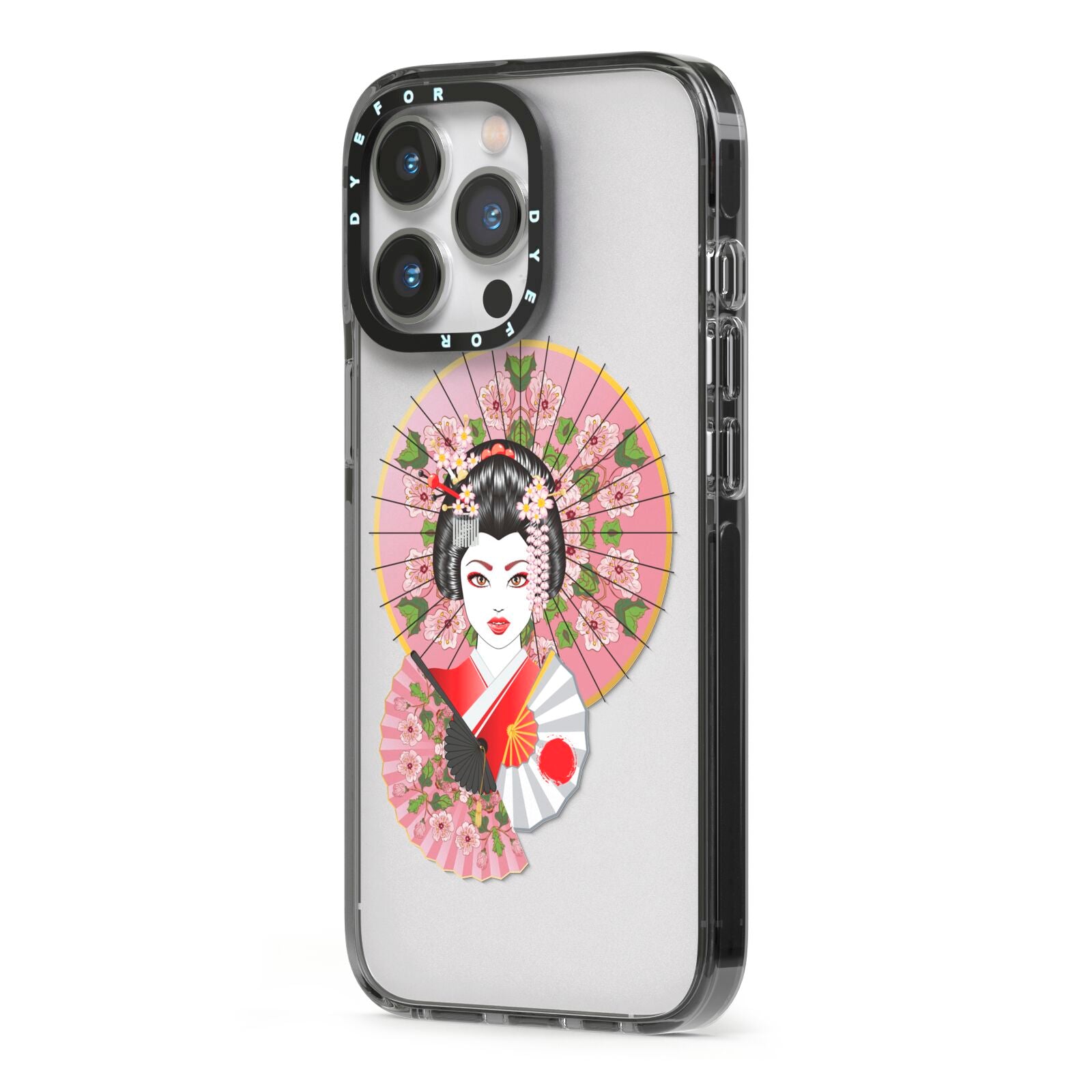 Geisha Girl iPhone 13 Pro Black Impact Case Side Angle on Silver phone