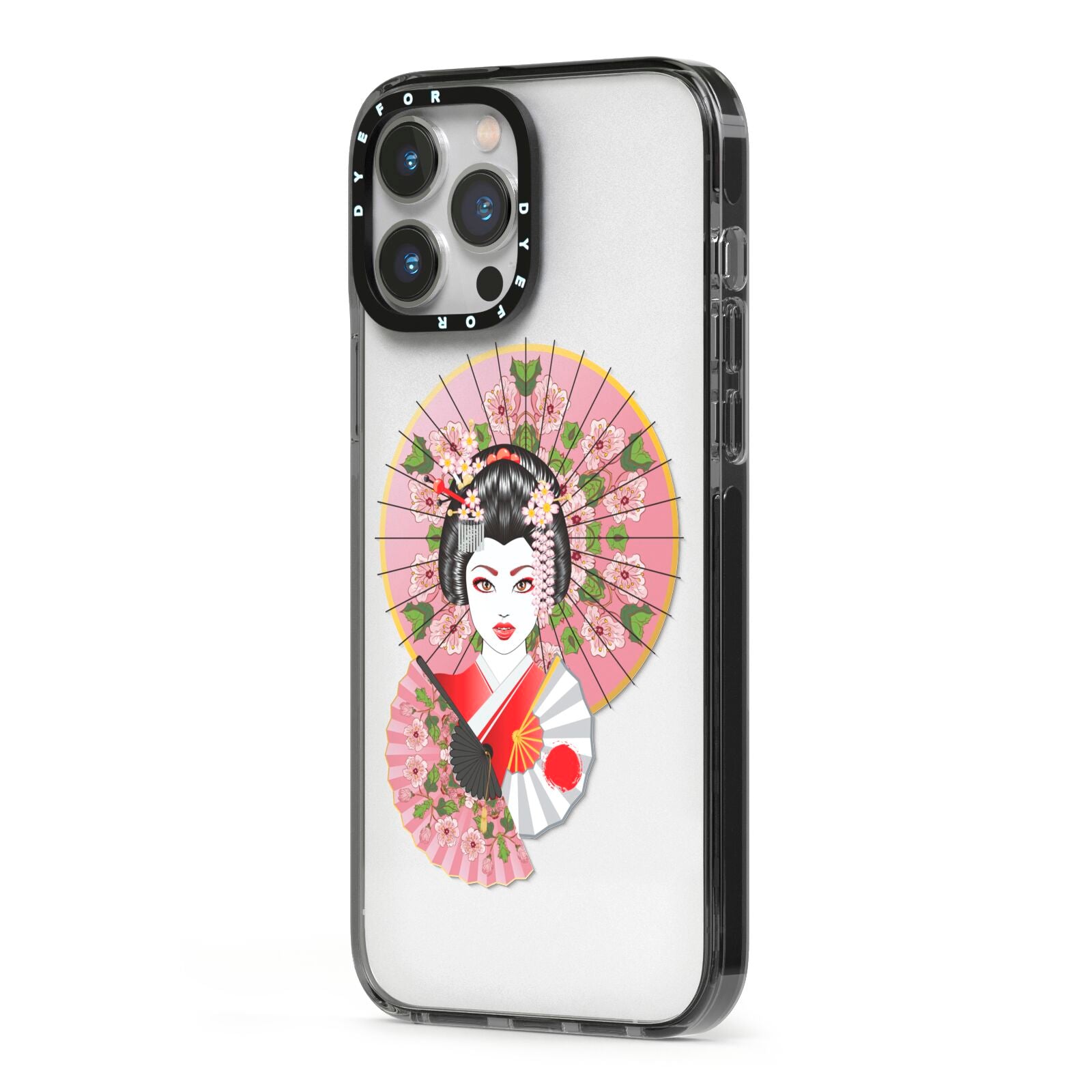 Geisha Girl iPhone 13 Pro Max Black Impact Case Side Angle on Silver phone