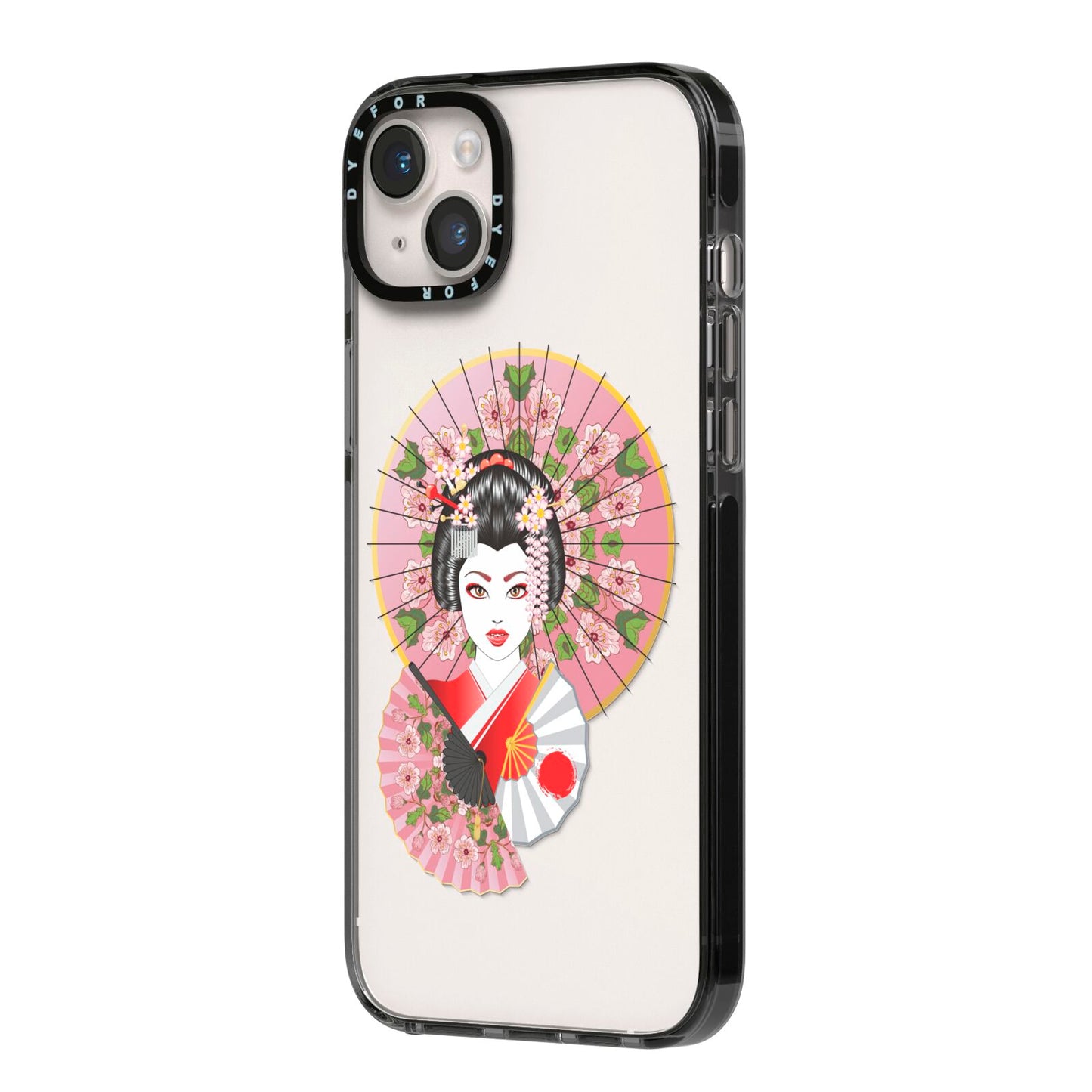 Geisha Girl iPhone 14 Plus Black Impact Case Side Angle on Silver phone