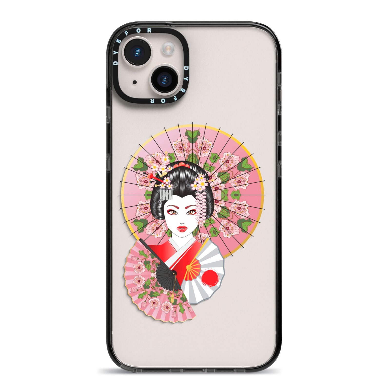 Geisha Girl iPhone 14 Plus Black Impact Case on Silver phone