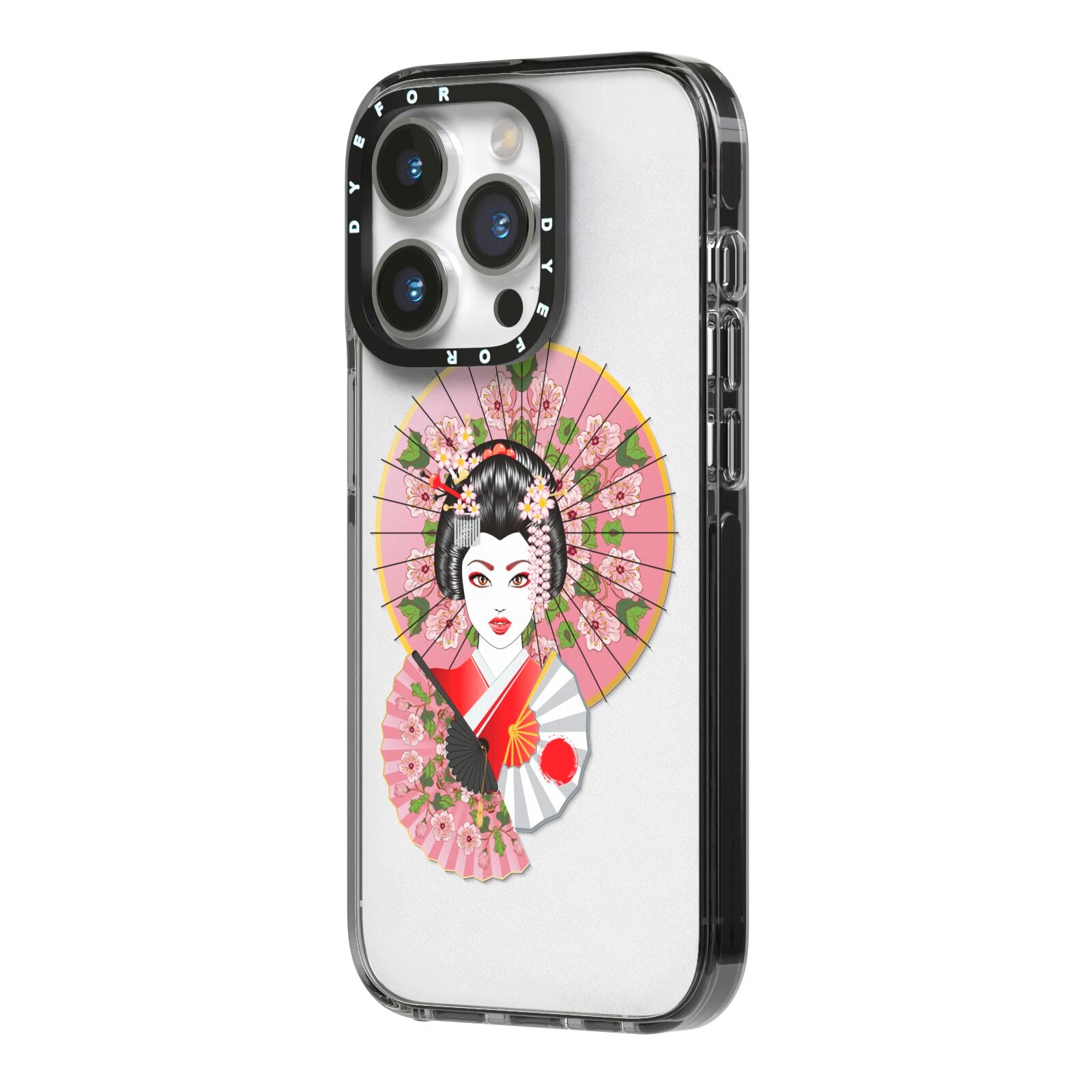 Geisha Girl iPhone 14 Pro Black Impact Case Side Angle on Silver phone