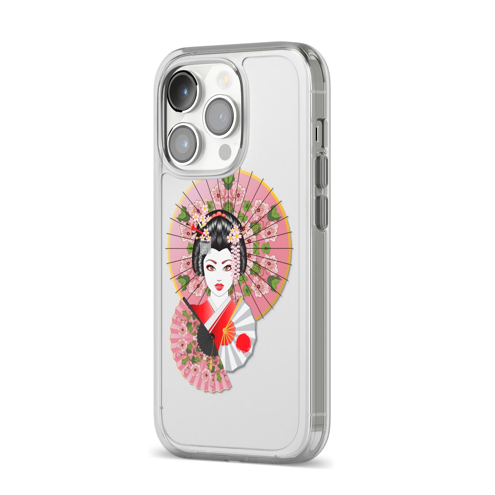 Geisha Girl iPhone 14 Pro Clear Tough Case Silver Angled Image